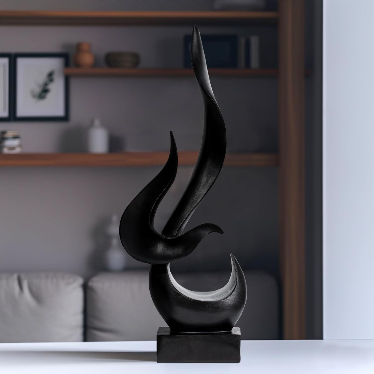Black Fire Flame Sculpture, Modern Abstract Resin Statue, Art Statue Home Decor for Living Room TV Stand Coffee Table Shelf Accents Decor.