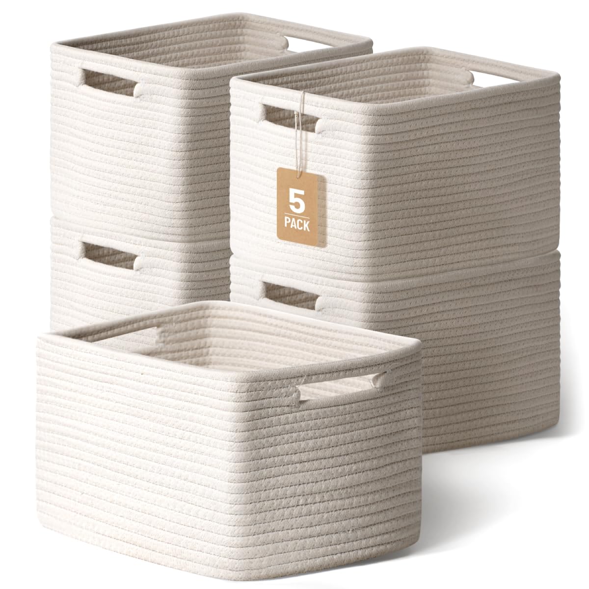 5 Pack Woven Storage Baskets for Shelves, Decorative Basket Organizer Storage Bins for Toys, Books, Clothes, Closet, Nursery, Bathroom – Cotton Rope Shelf Baskets for Organizing and Decor, Khaki