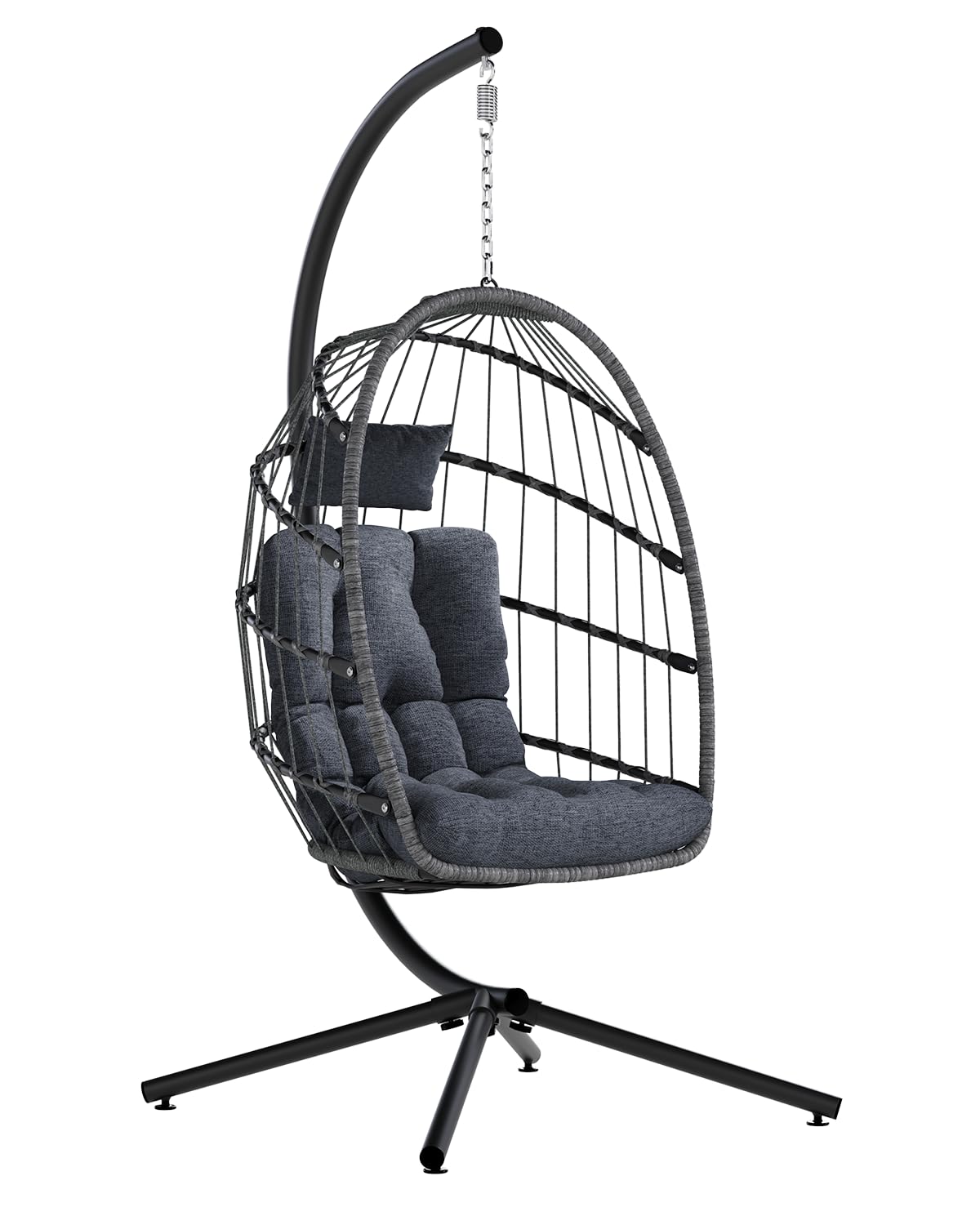 SWITTE Egg Chair Outdoor with Stand, Indoor Wicker Hanging Egg Swing Chair with Cushion, 350lbs Capacity for Patio, Bedroom, Garden - Dark Grey