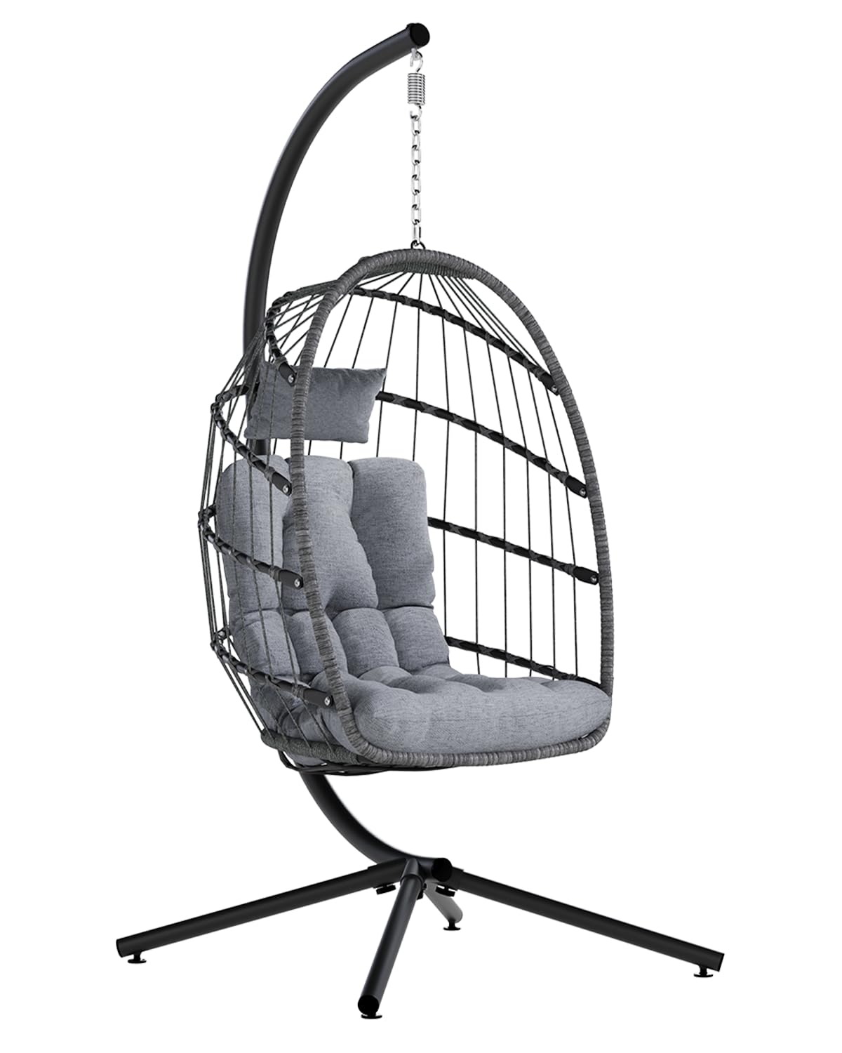 SWITTE Egg Chair Outdoor with Stand, Indoor Wicker Hanging Egg Swing Chair with Cushion, 350lbs Capacity for Patio, Bedroom, Garden - Dark Grey