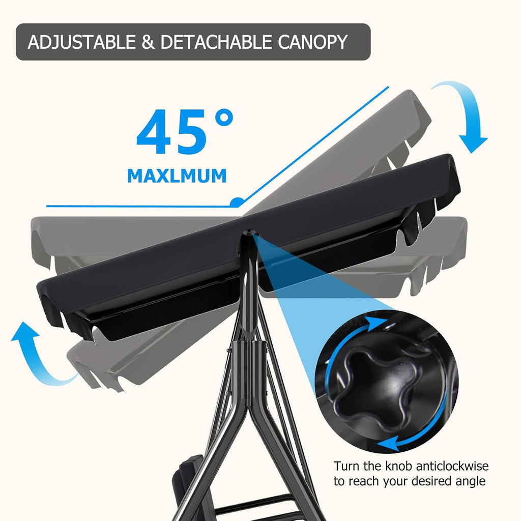 3-Seat Patio Swing Chair,Outdoor Porch Swing with Adjustable Canopy and Durable Steel Frame for Patio, Garden, Poolside (Black)
