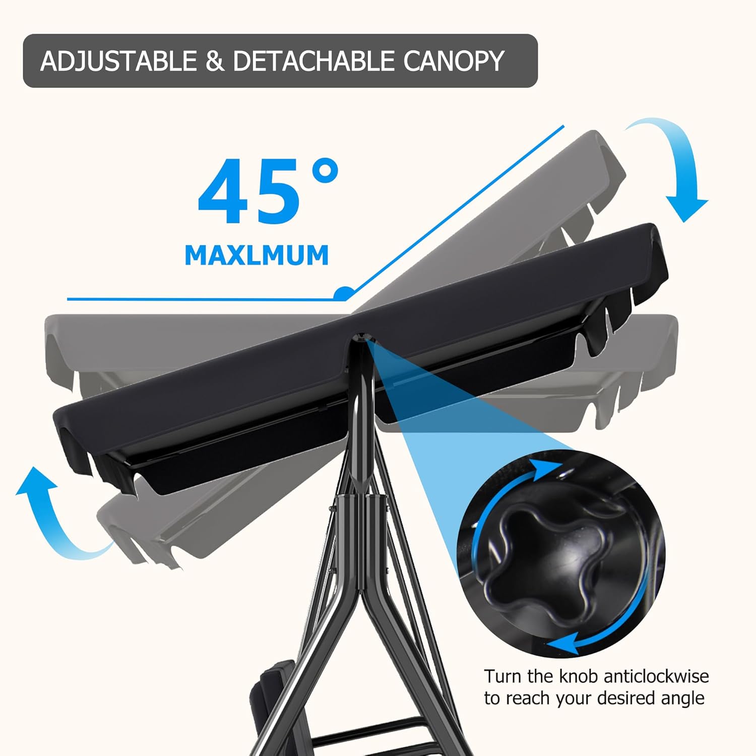 3-Seat Patio Swing Chair,Outdoor Porch Swing with Adjustable Canopy and Durable Steel Frame for Patio, Garden, Poolside (Black)