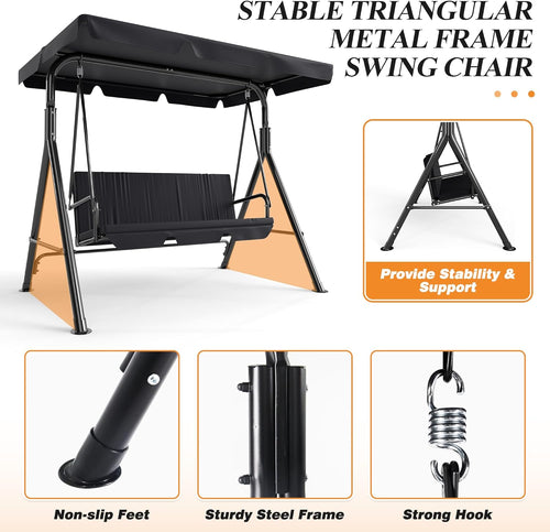 3-Seat Patio Swing Chair,Outdoor Porch Swing with Adjustable Canopy and Durable Steel Frame for Patio, Garden, Poolside (Black)