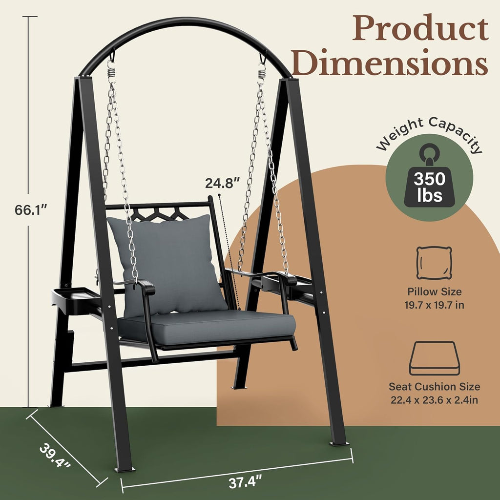 Pamapic Porch Swing with Stand, 350lbs Heavy-Duty Metal Frame Outdoor Swing for Adults with Dual Side Trays, Adjustable Chains, Zippered Removable Cushion for Balcony, Backyard, Garden, Black