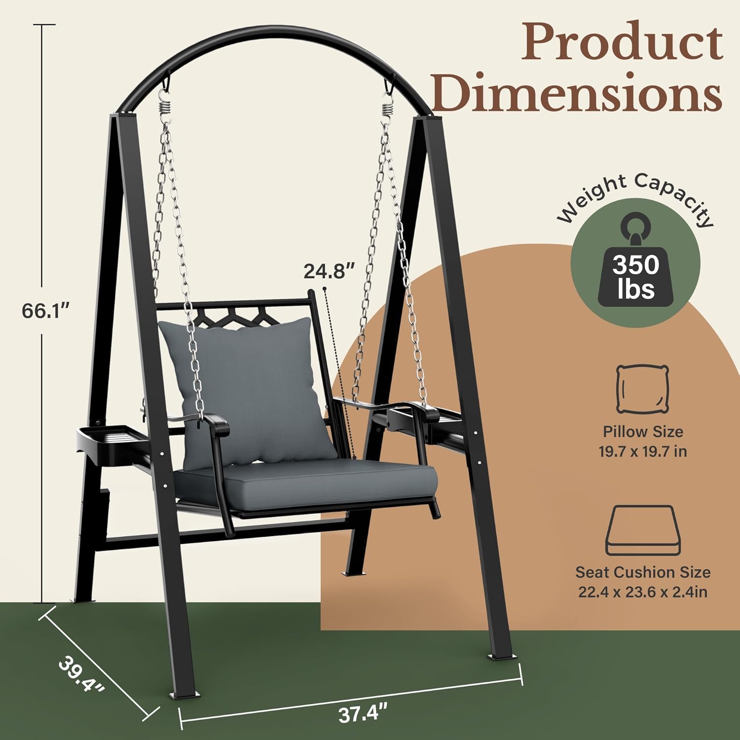 Pamapic Porch Swing with Stand, 350lbs Heavy-Duty Metal Frame Outdoor Swing for Adults with Dual Side Trays, Adjustable Chains, Zippered Removable Cushion for Balcony, Backyard, Garden, Black