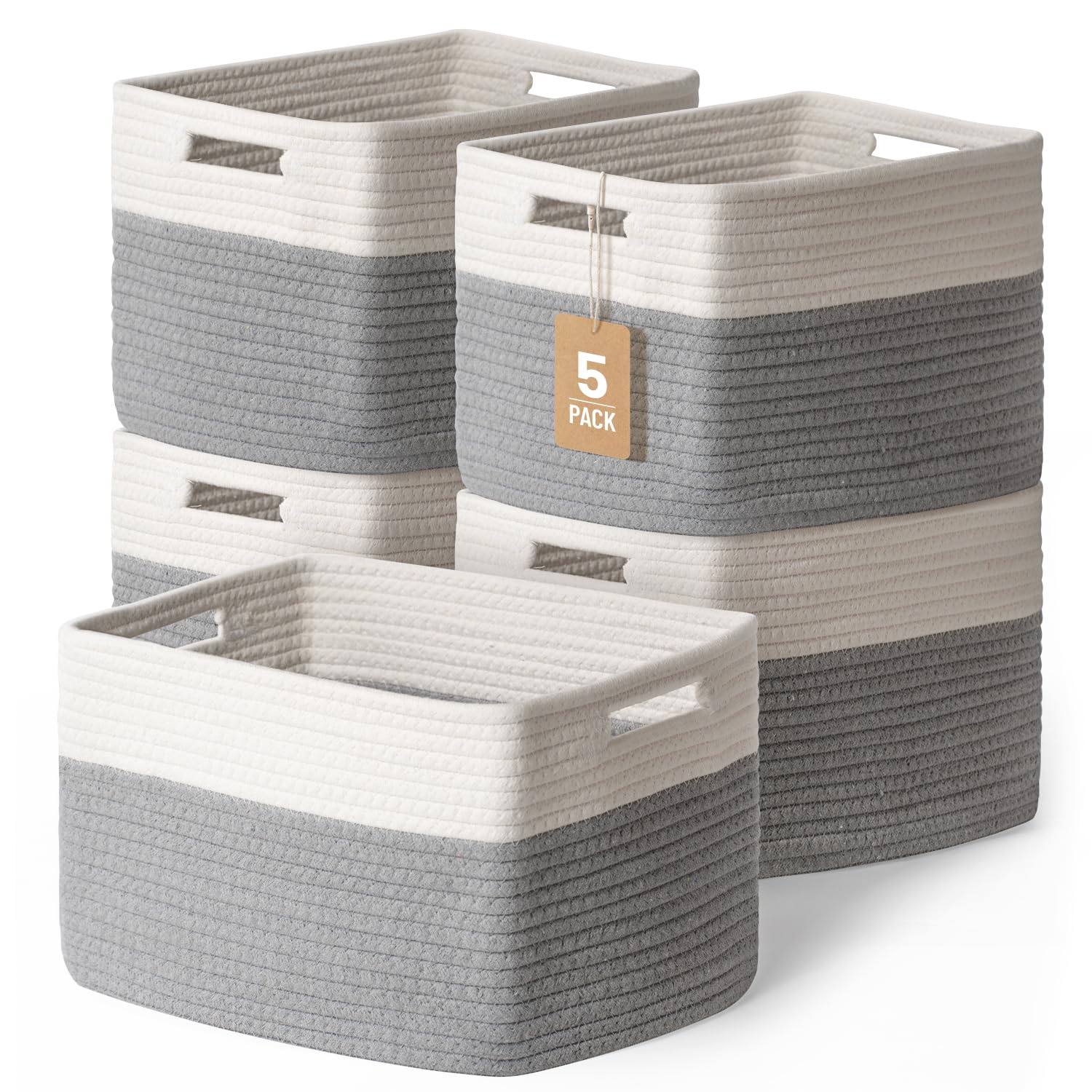 5 Pack Woven Storage Baskets for Shelves, Decorative Basket Organizer Storage Bins for Toys, Books, Clothes, Closet, Nursery, Bathroom – Cotton Rope Shelf Baskets for Organizing and Decor, Khaki