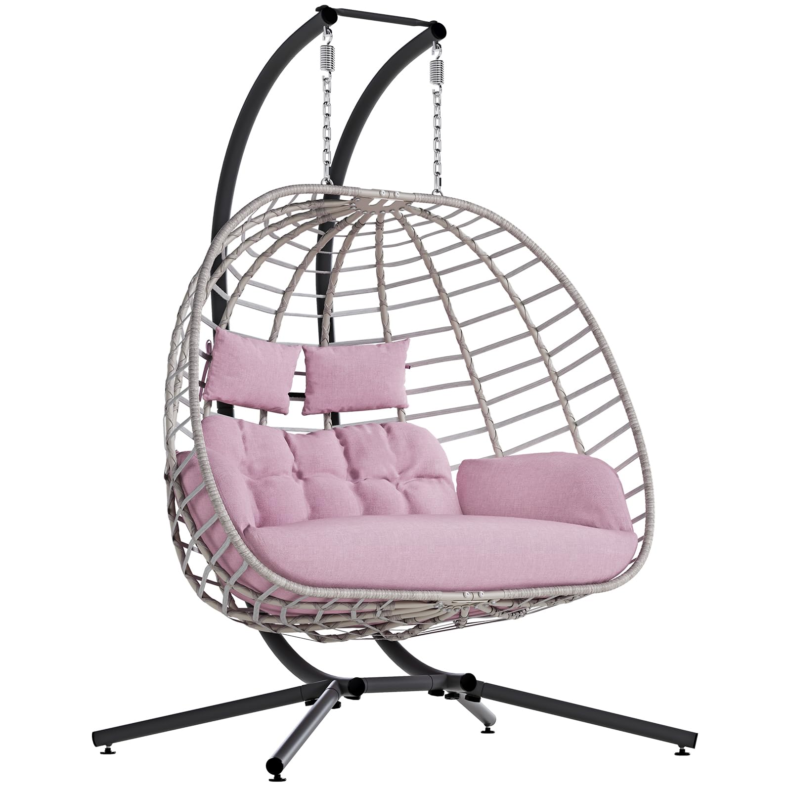 SWITTE Double Egg Swing Chair with Stand, Outdoor Patio 2 Person Hanging Wicker Hammock Chairs with Cushion for Indoor Bedroom, Lawn, Garden-Dark Grey