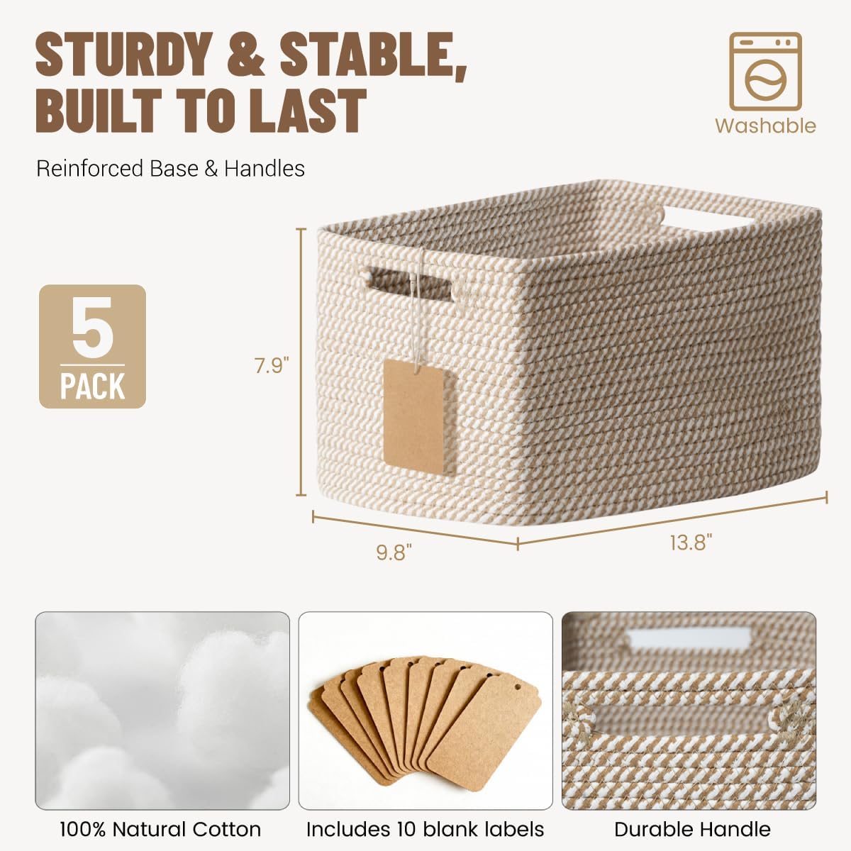 5 Pack Woven Storage Baskets for Shelves, Decorative Basket Organizer Storage Bins for Toys, Books, Clothes, Closet, Nursery, Bathroom – Cotton Rope Shelf Baskets for Organizing and Decor, Khaki