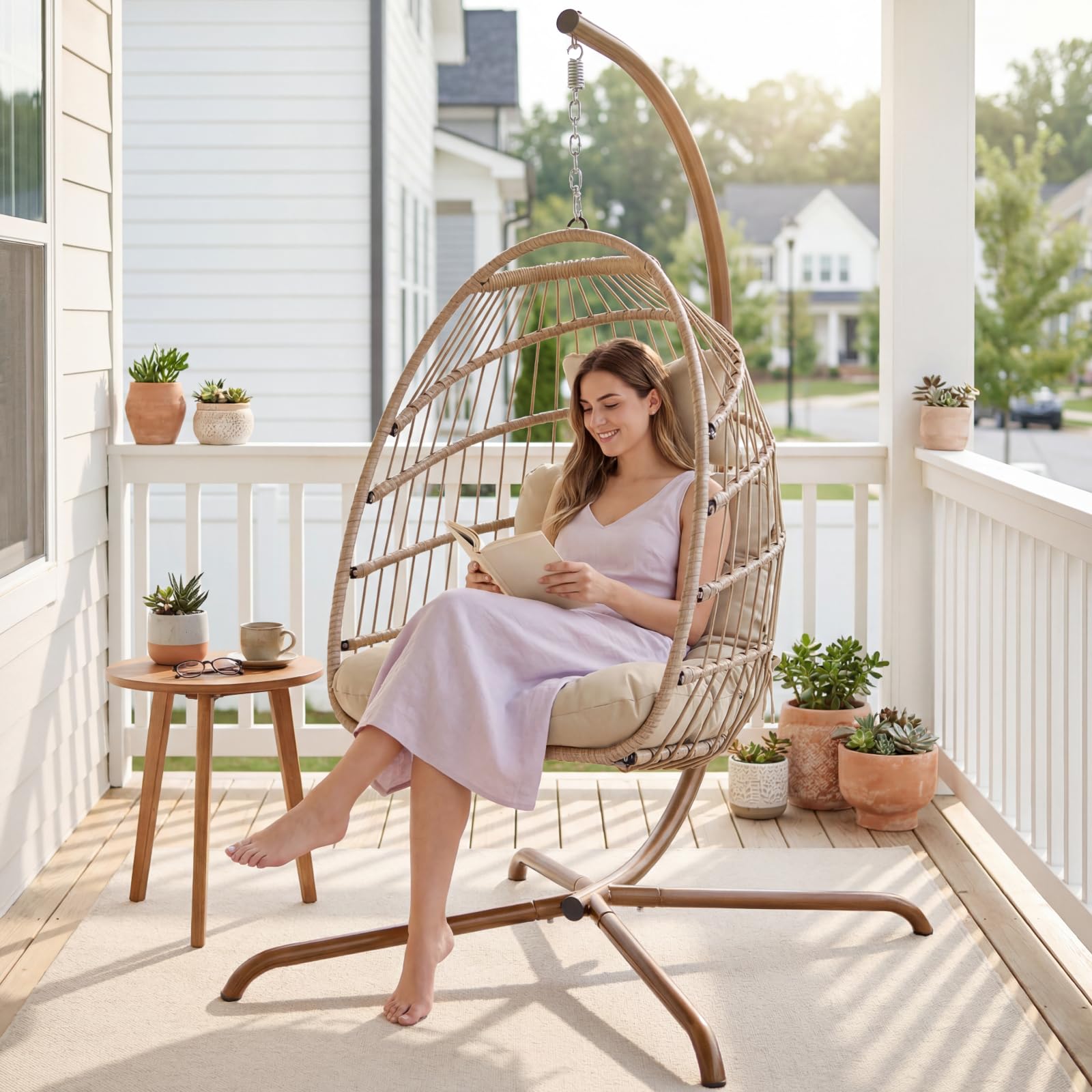 NICESOUL Double Swing Egg Chair with Stand, Extra Large 2 Person Indoor Outdoor Wicker Loveseat, Oversized Patio Hanging Basket Chair with Cushions, Cozy Sturdy Porch Swing for Backyard Balcony, Beige