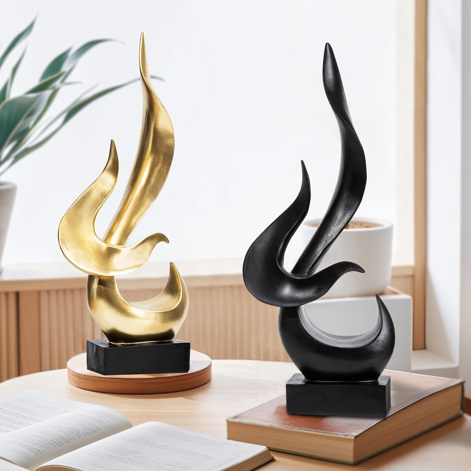 Black Fire Flame Sculpture, Modern Abstract Resin Statue, Art Statue Home Decor for Living Room TV Stand Coffee Table Shelf Accents Decor.