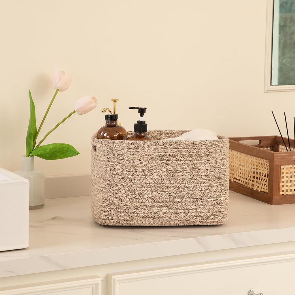 OIAHOMY 4 Pack Storage Baskets for Organizing, Cube Storage Bins for Shelves, Rectangle Storage Baskets With Handles, Woven Baskets for Storage, 12.7''Lx9''Wx7.8''H, Mixed Brown