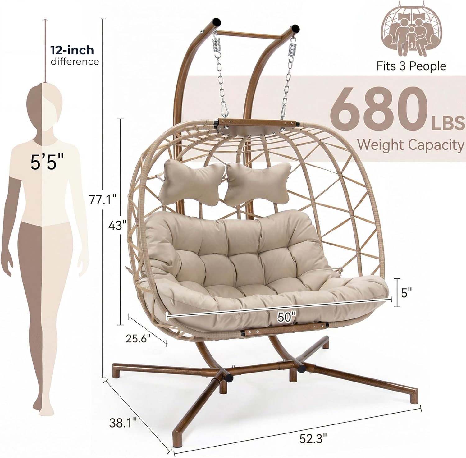 NICESOUL Double Swing Egg Chair with Stand, Extra Large 2 Person Indoor Outdoor Wicker Loveseat, Oversized Patio Hanging Basket Chair with Cushions, Cozy Sturdy Porch Swing for Backyard Balcony, Beige