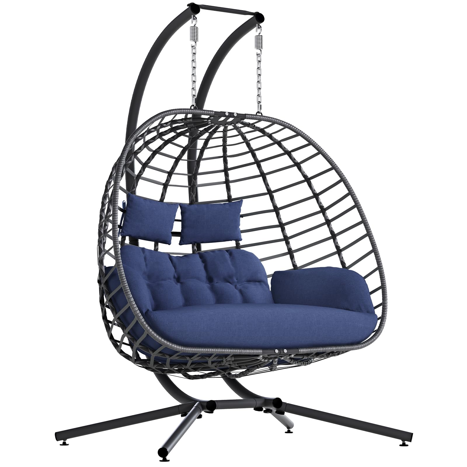SWITTE Double Egg Swing Chair with Stand, Outdoor Patio 2 Person Hanging Wicker Hammock Chairs with Cushion for Indoor Bedroom, Lawn, Garden-Dark Grey