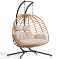 SWITTE Double Egg Swing Chair with Stand, Outdoor Patio 2 Person Hanging Wicker Hammock Chairs with Cushion for Indoor Bedroom, Lawn, Garden-Dark Grey