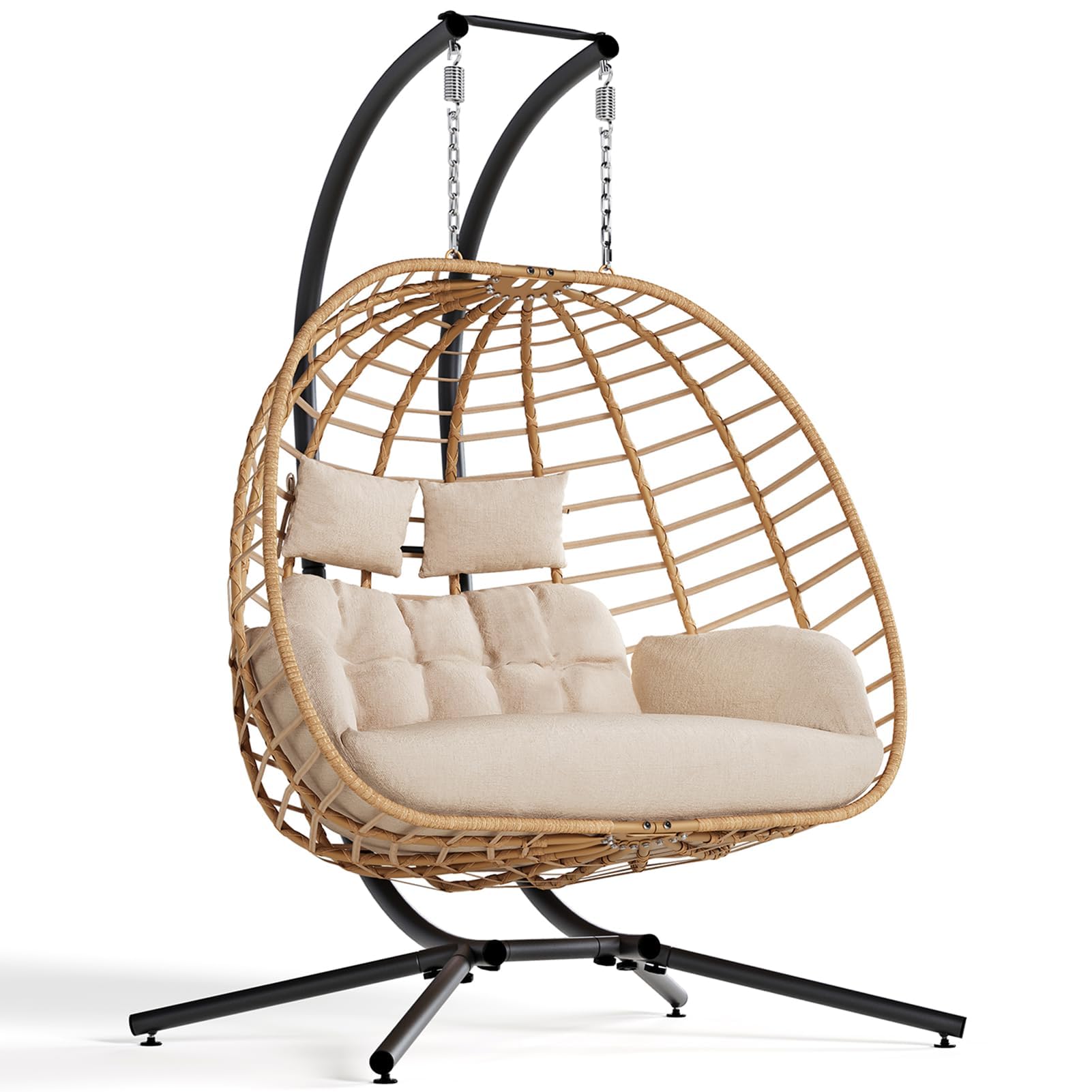 SWITTE Double Egg Swing Chair with Stand, Outdoor Patio 2 Person Hanging Wicker Hammock Chairs with Cushion for Indoor Bedroom, Lawn, Garden-Dark Grey