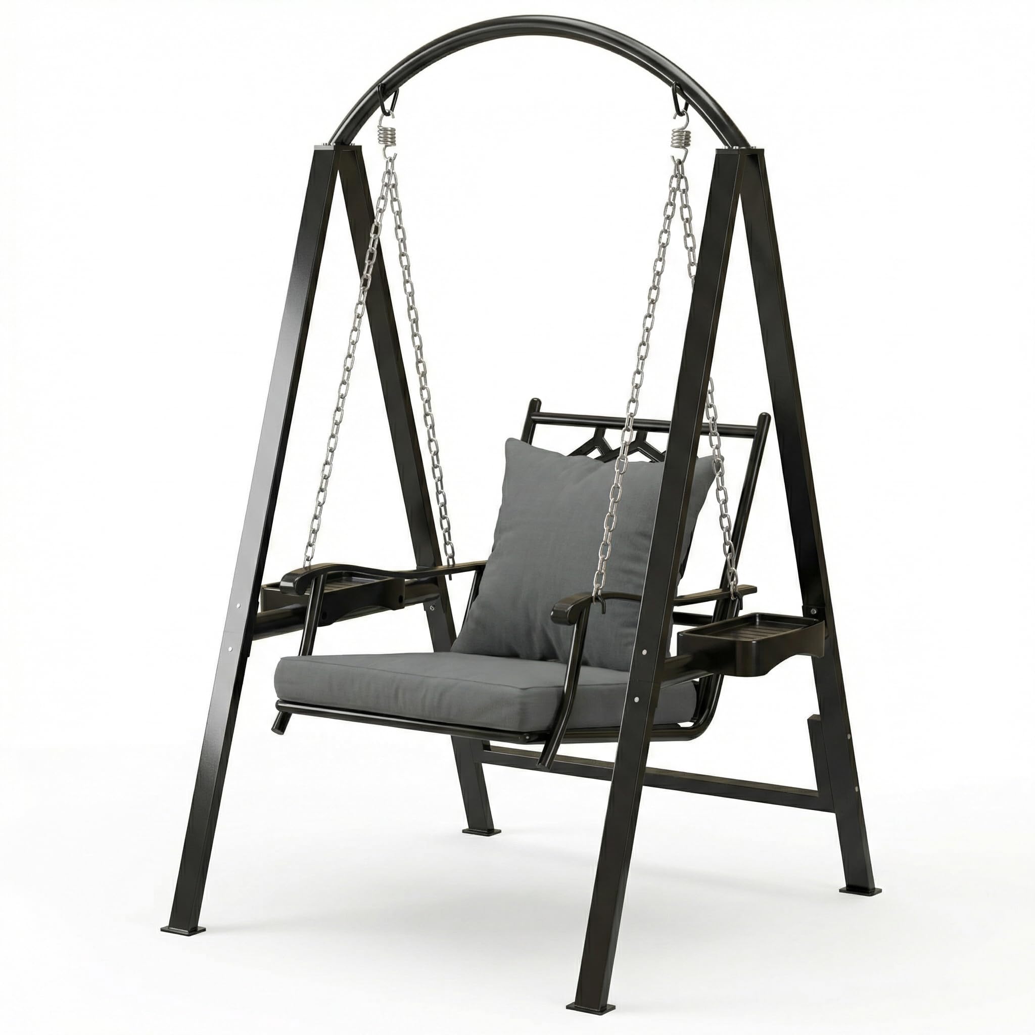 Pamapic Porch Swing with Stand, 350lbs Heavy-Duty Metal Frame Outdoor Swing for Adults with Dual Side Trays, Adjustable Chains, Zippered Removable Cushion for Balcony, Backyard, Garden, Black