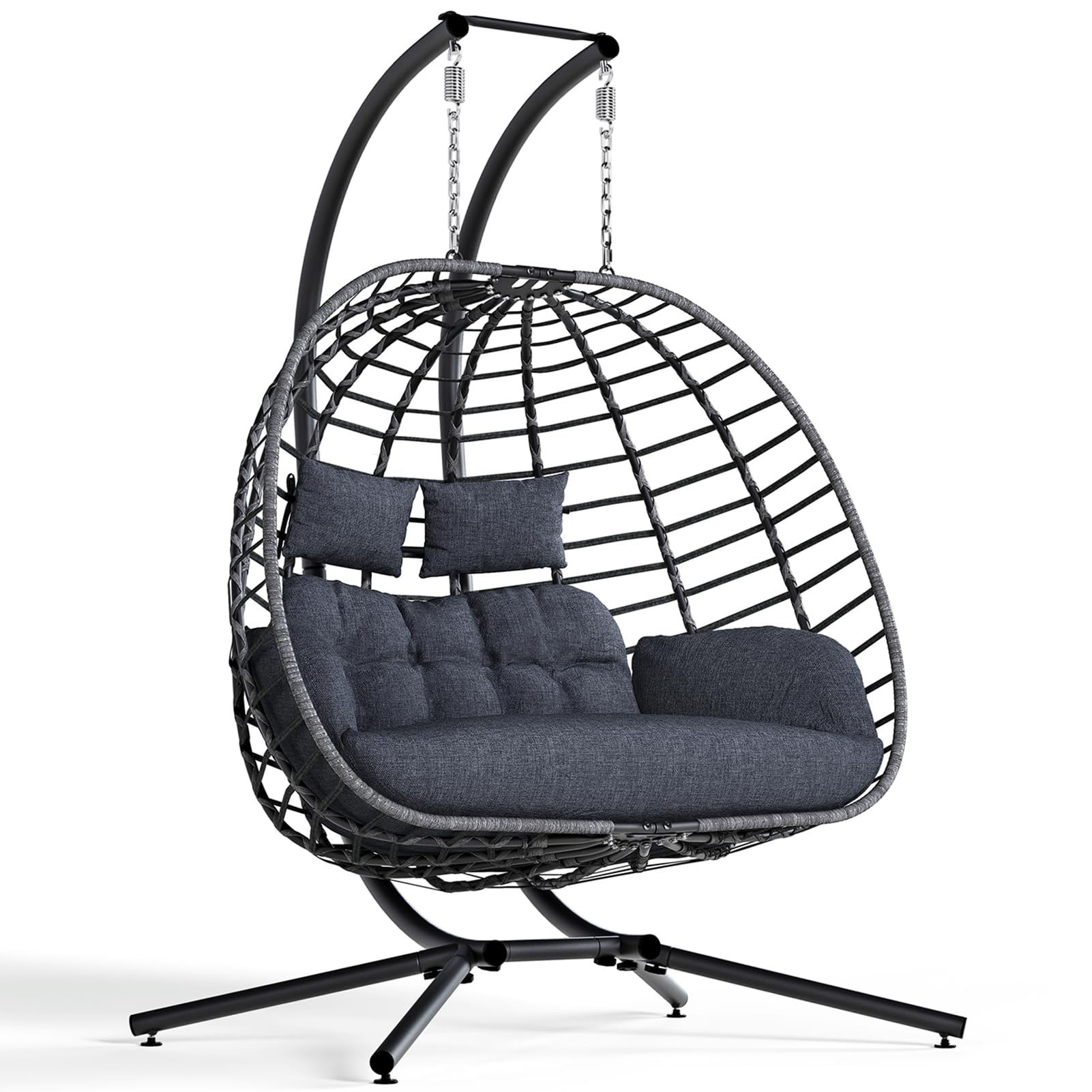 SWITTE Double Egg Swing Chair with Stand, Outdoor Patio 2 Person Hanging Wicker Hammock Chairs with Cushion for Indoor Bedroom, Lawn, Garden-Dark Grey