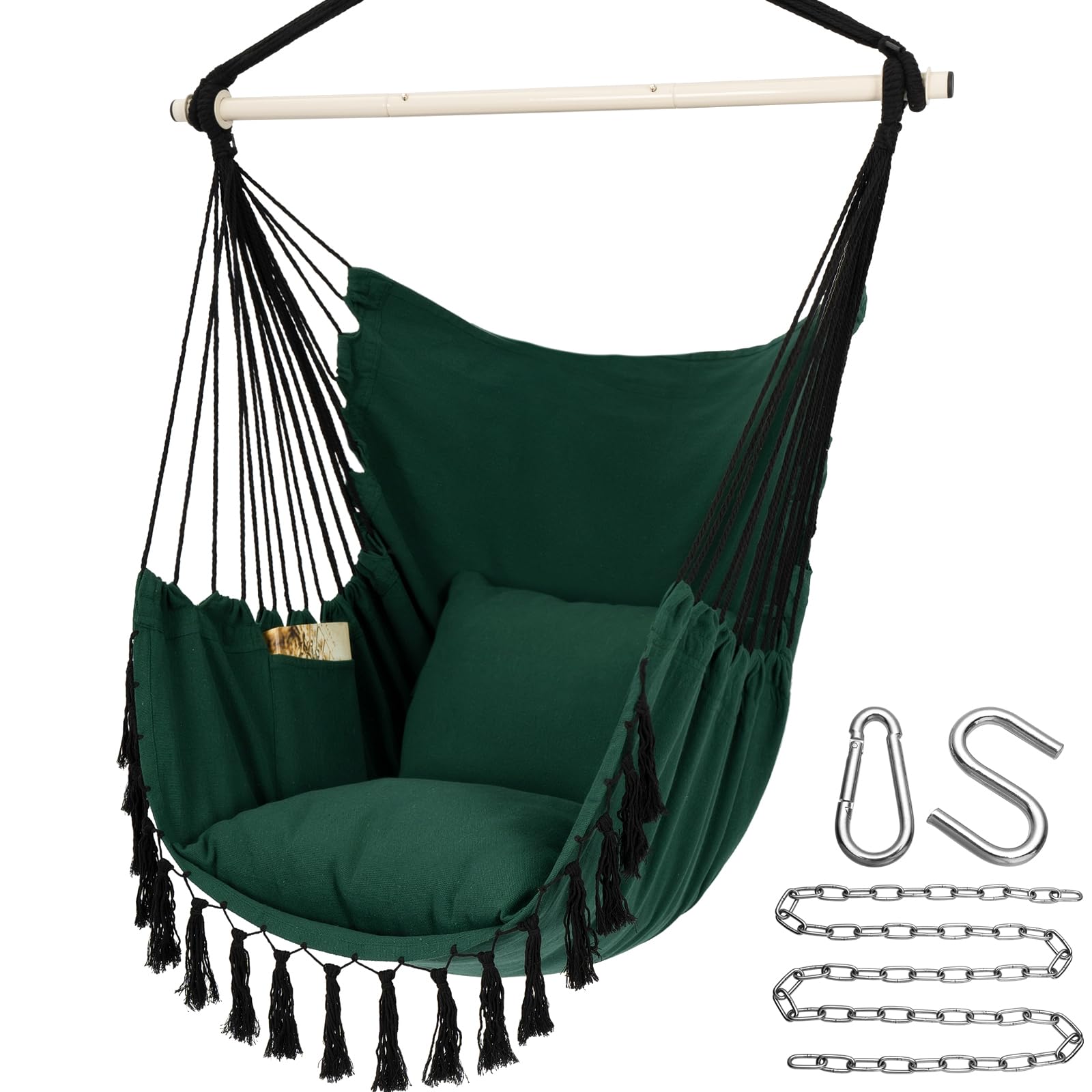 Y- STOP Hammock Chair Hanging Rope Swing, Max 500 Lbs, 2 Cushions Included, Large Macrame Hanging Chair with Pocket, Cotton Weave for Superior Comfort, Durability (Dark Grey)