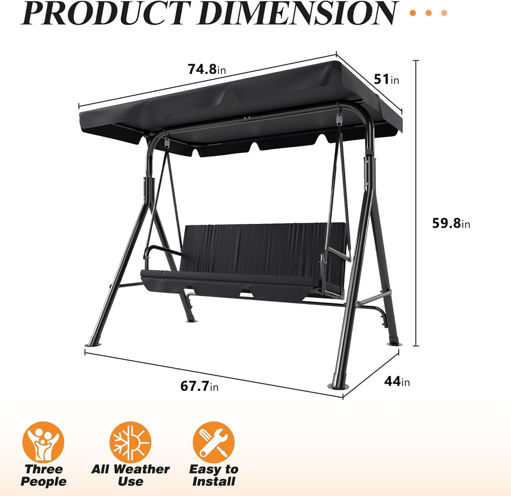 3-Seat Patio Swing Chair,Outdoor Porch Swing with Adjustable Canopy and Durable Steel Frame for Patio, Garden, Poolside (Black)
