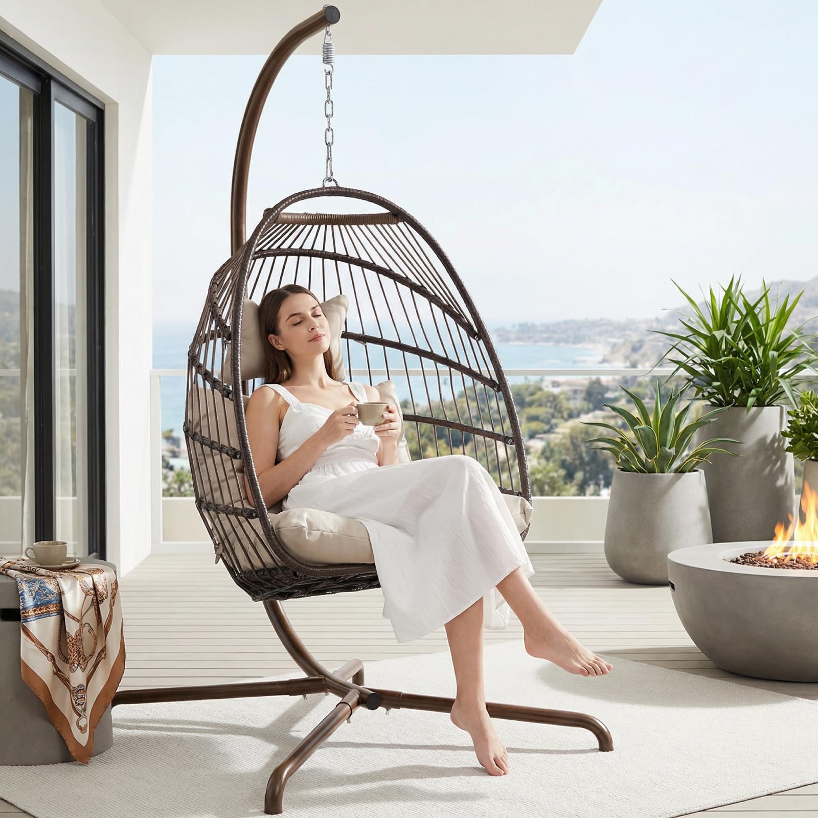 NICESOUL Hanging Egg Chair with Stand Indoor Outdoor, Comfy Patio Rattan Swing Hammock Chairs with Cushion, 350lbs Capacity Egg Shaped Chair for Lawn Backyard Balcony Bedroom, Birthday Gift, Beige