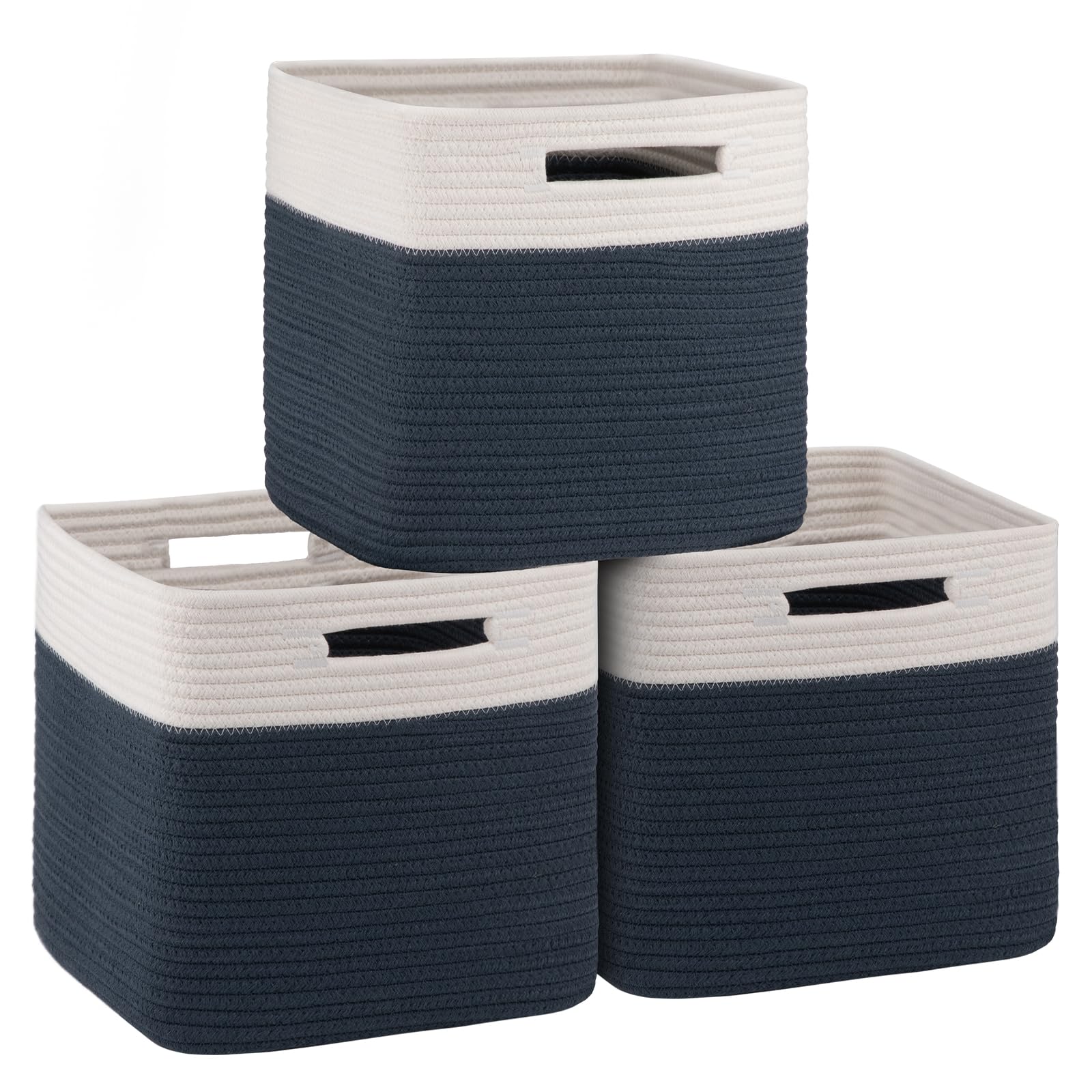 OIAHOMY Storage Cubes 11 Inch Storage Bins-3-Pack, Cotton Rope Woven Baskets for Organizing, Square Storage Baskets for Shelves Organizer, Classroom, Kids Toy Bins, Closet, Baby Nursery-Brown