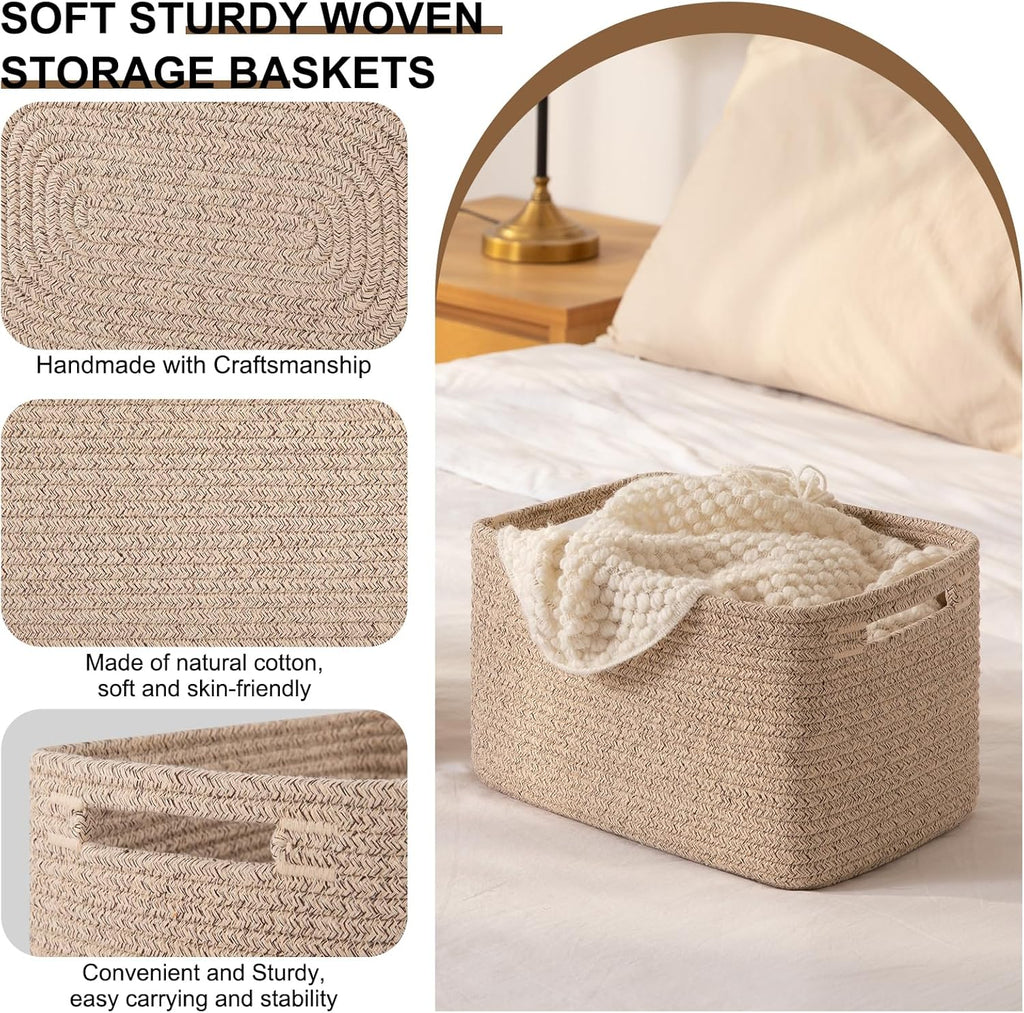 OIASKET Storage Baskets for Organizing, Woven Decorative Baskets for Shelves - Books, Towels, and Clothes, Cotton Rope Toy Storage Bins, 12.7''Lx9''Wx7.8''H, Pack of 4, Brown