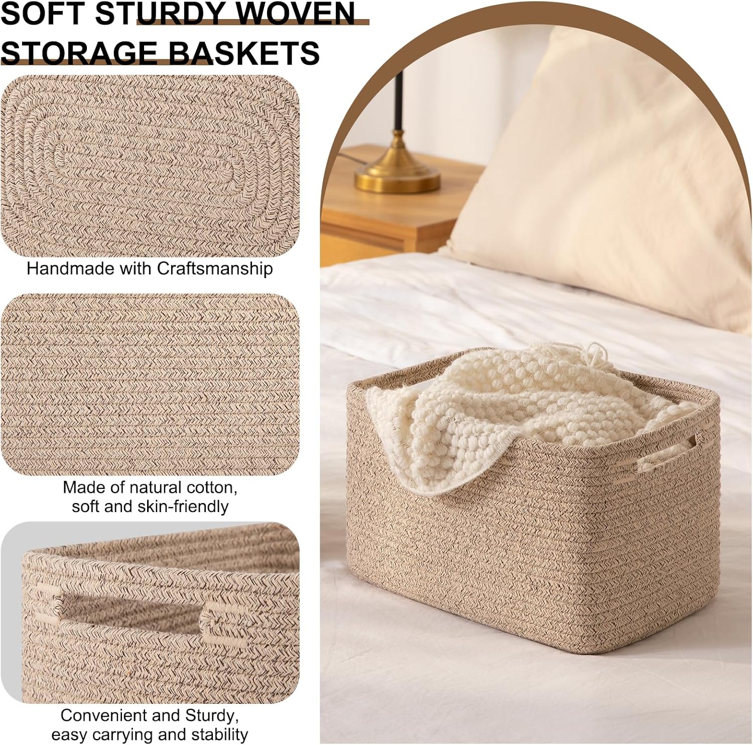 OIASKET Storage Baskets for Organizing, Woven Decorative Baskets for Shelves - Books, Towels, and Clothes, Cotton Rope Toy Storage Bins, 12.7''Lx9''Wx7.8''H, Pack of 4, Brown