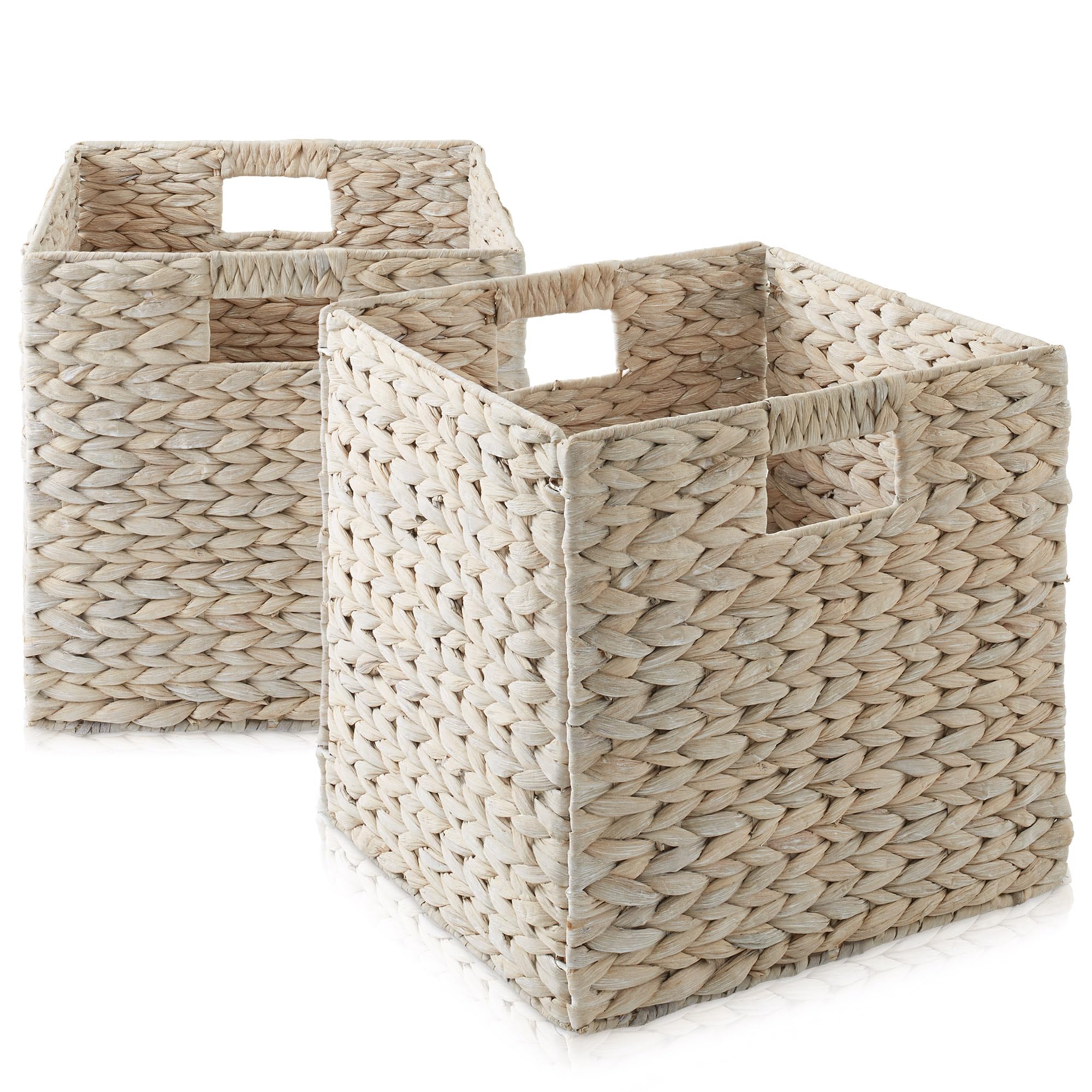 Casafield 12" x 12" Water Hyacinth Storage Baskets, Natural - Set of 6 Collapsible Cube Organizers, Woven Bins for Bathroom, Bedroom, Laundry, Pantry, Shelves