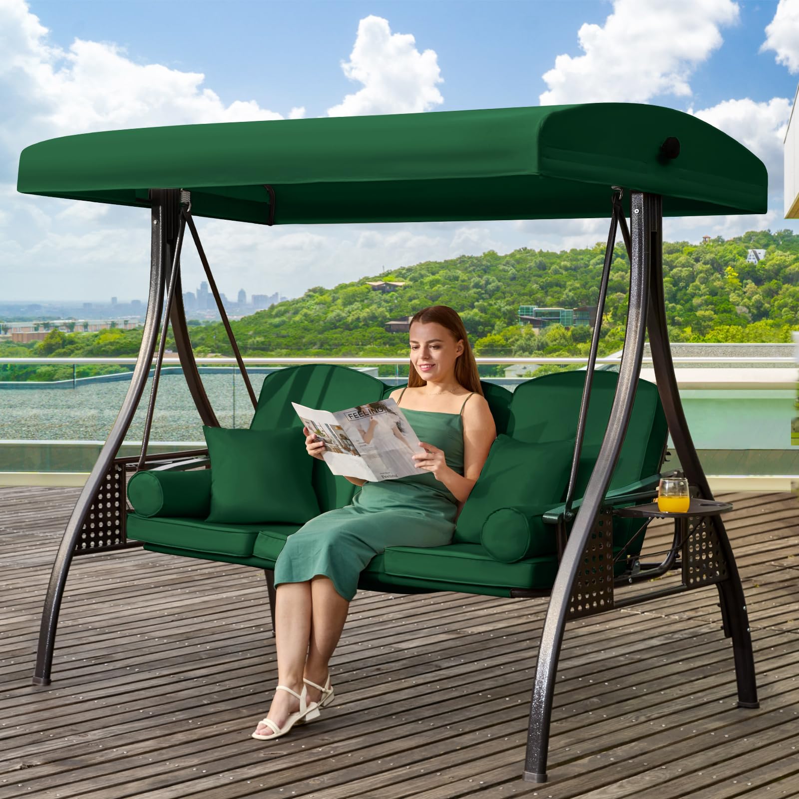 3 in 1 Outdoor Porch Swing with Adjustable Canopy, 3 Seat Outdoor Swing for Adults, Patio Swing Chair with Thickened Cushions,Pillows & Cup Holders for Backyard, Porch, Garden (Wine Red)