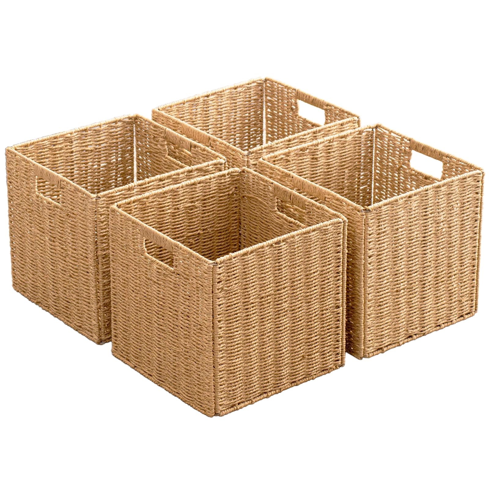 Foldable Storage Baskets with Handles Paper Rope Storage Baskets Rectangle Collapsible Hand Woven Storage Cubes Bins for Organizing Shelves Living Room Bedroom Pantry (4, 13'' x 13'' x 13'')