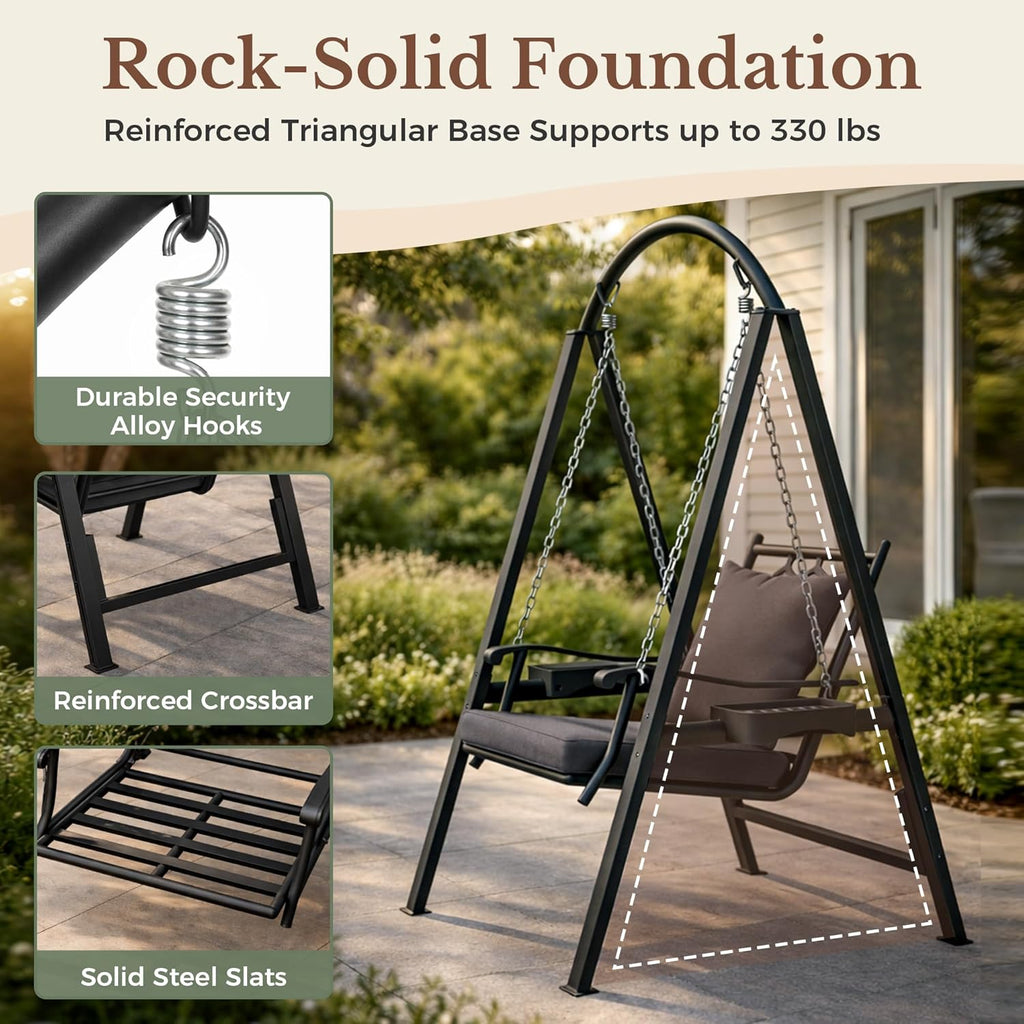 Pamapic Porch Swing with Stand, 350lbs Heavy-Duty Metal Frame Outdoor Swing for Adults with Dual Side Trays, Adjustable Chains, Zippered Removable Cushion for Balcony, Backyard, Garden, Black