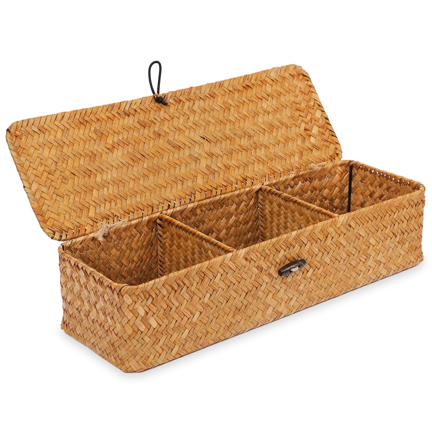 Nonam Storage Basket with Lid, Natural Seagrass Bin with Lid Set of 3, Shelf Baskets Multipurpose Container for Boho Decoration, Rectangular Household Storage Boxes for Home Organization-Natural
