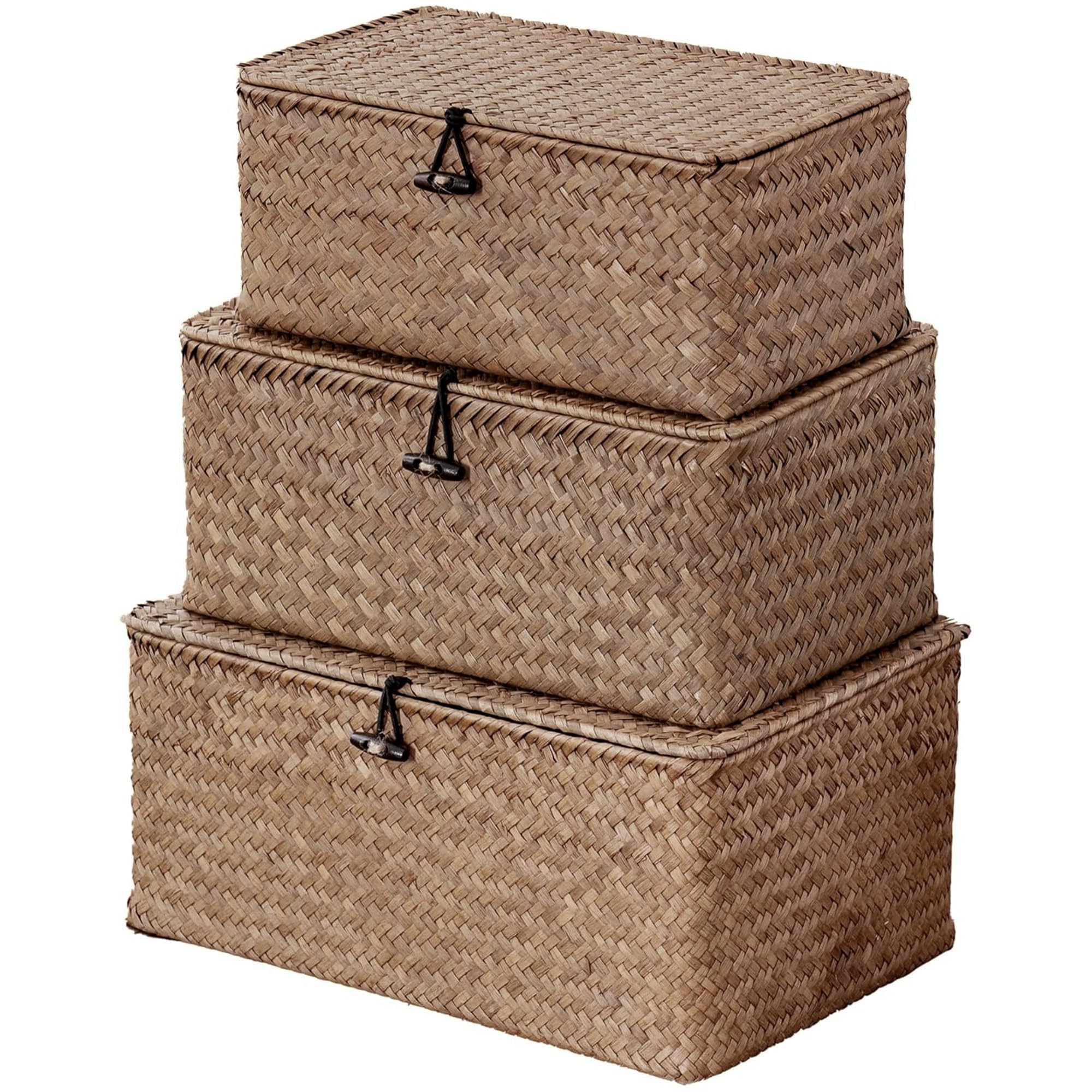 Nonam Storage Basket with Lid, Natural Seagrass Bin with Lid Set of 3, Shelf Baskets Multipurpose Container for Boho Decoration, Rectangular Household Storage Boxes for Home Organization-Natural