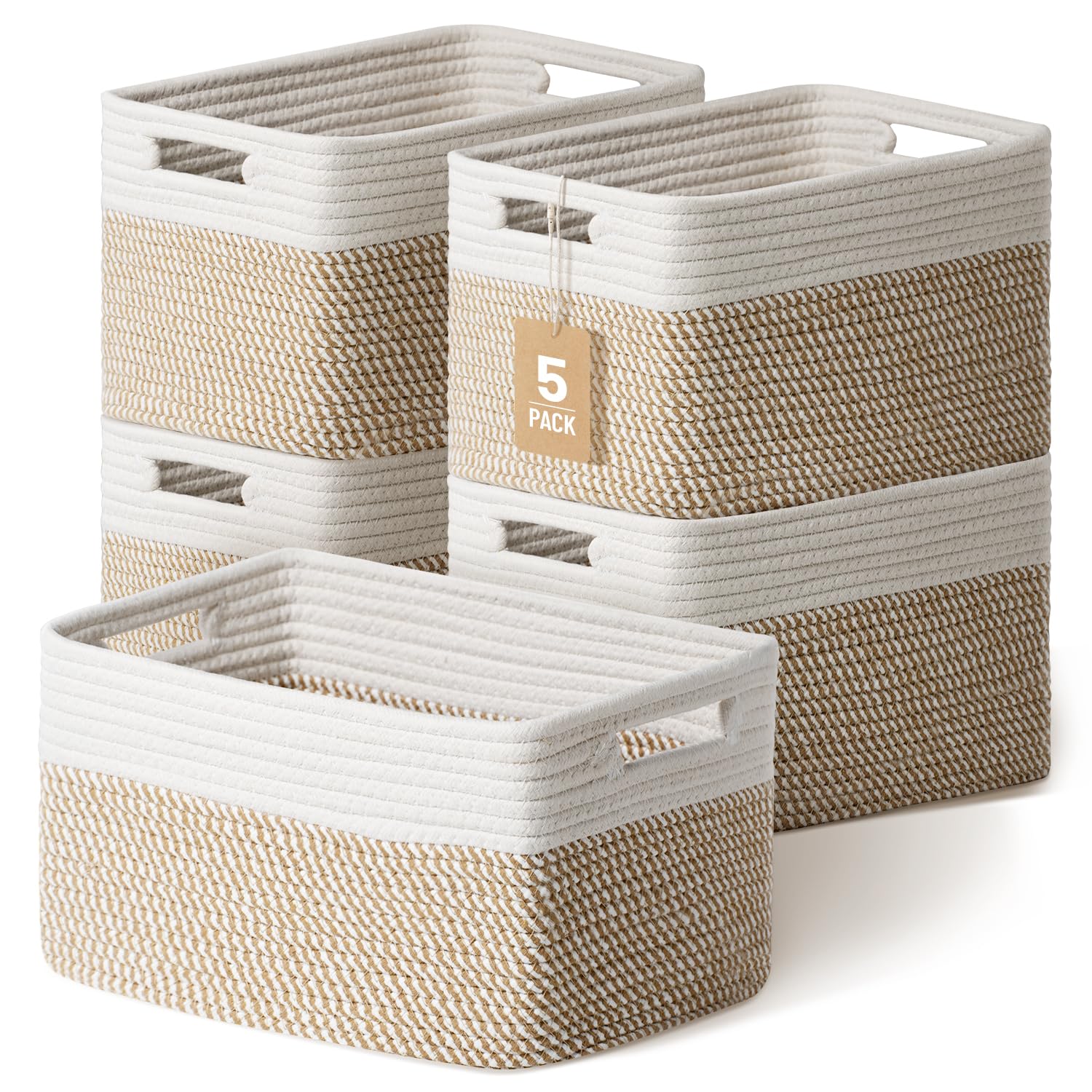 5 Pack Woven Storage Baskets for Shelves, Decorative Basket Organizer Storage Bins for Toys, Books, Clothes, Closet, Nursery, Bathroom – Cotton Rope Shelf Baskets for Organizing and Decor, Khaki