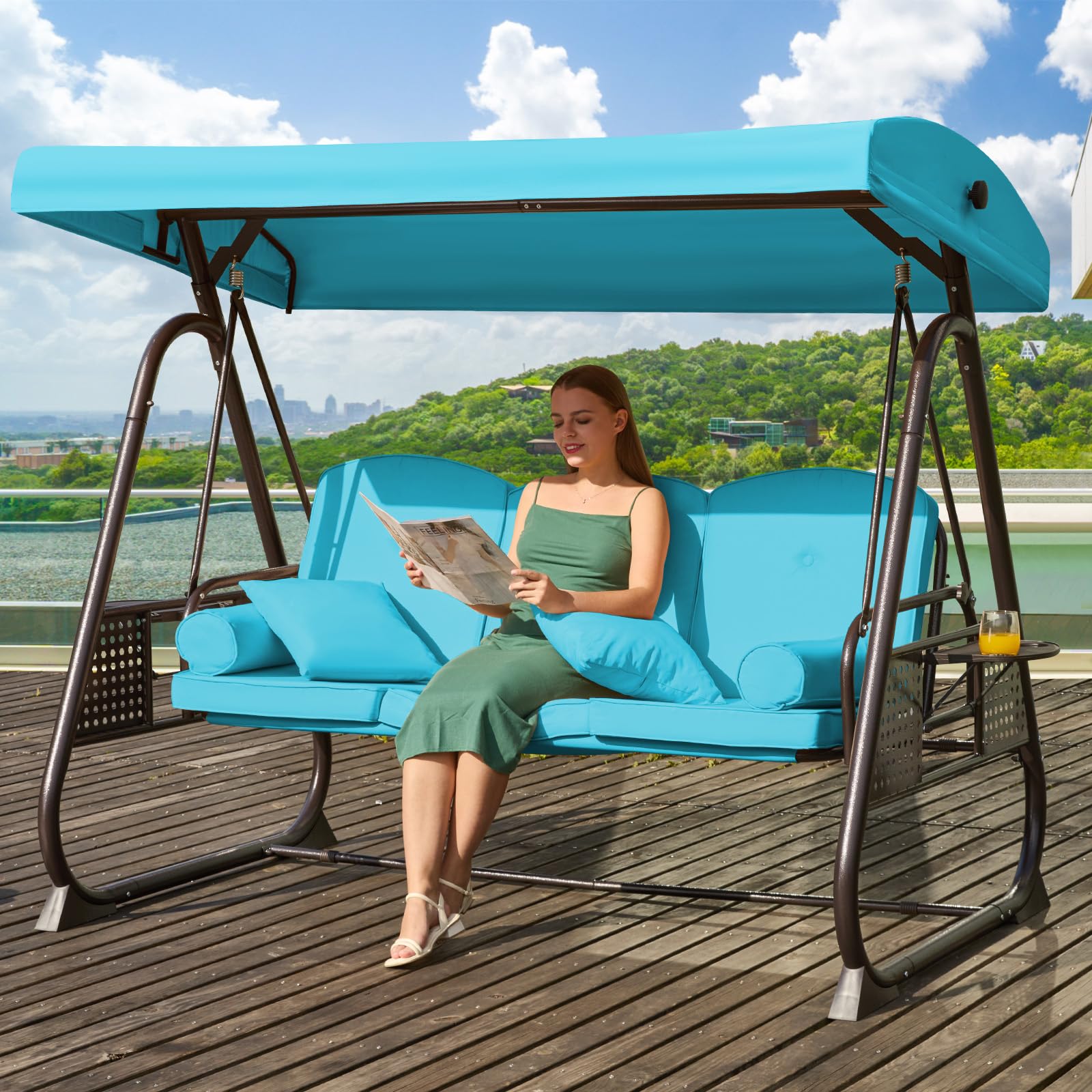 3 in 1 Outdoor Porch Swing with Adjustable Canopy, 3 Seat Outdoor Swing for Adults, Patio Swing Chair with Thickened Cushions,Pillows & Cup Holders for Backyard, Porch, Garden (Wine Red)