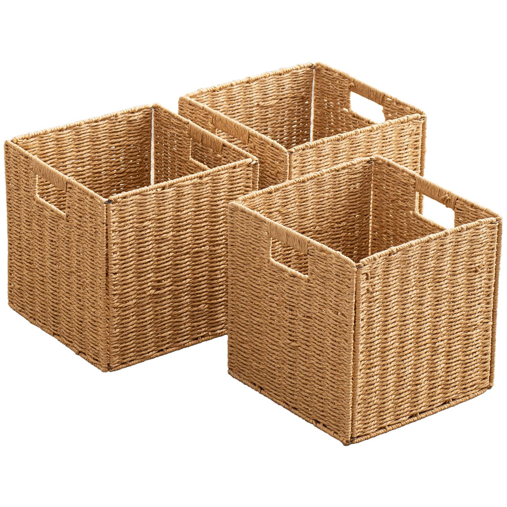 Foldable Storage Baskets with Handles Paper Rope Storage Baskets Rectangle Collapsible Hand Woven Storage Cubes Bins for Organizing Shelves Living Room Bedroom Pantry (4, 13'' x 13'' x 13'')