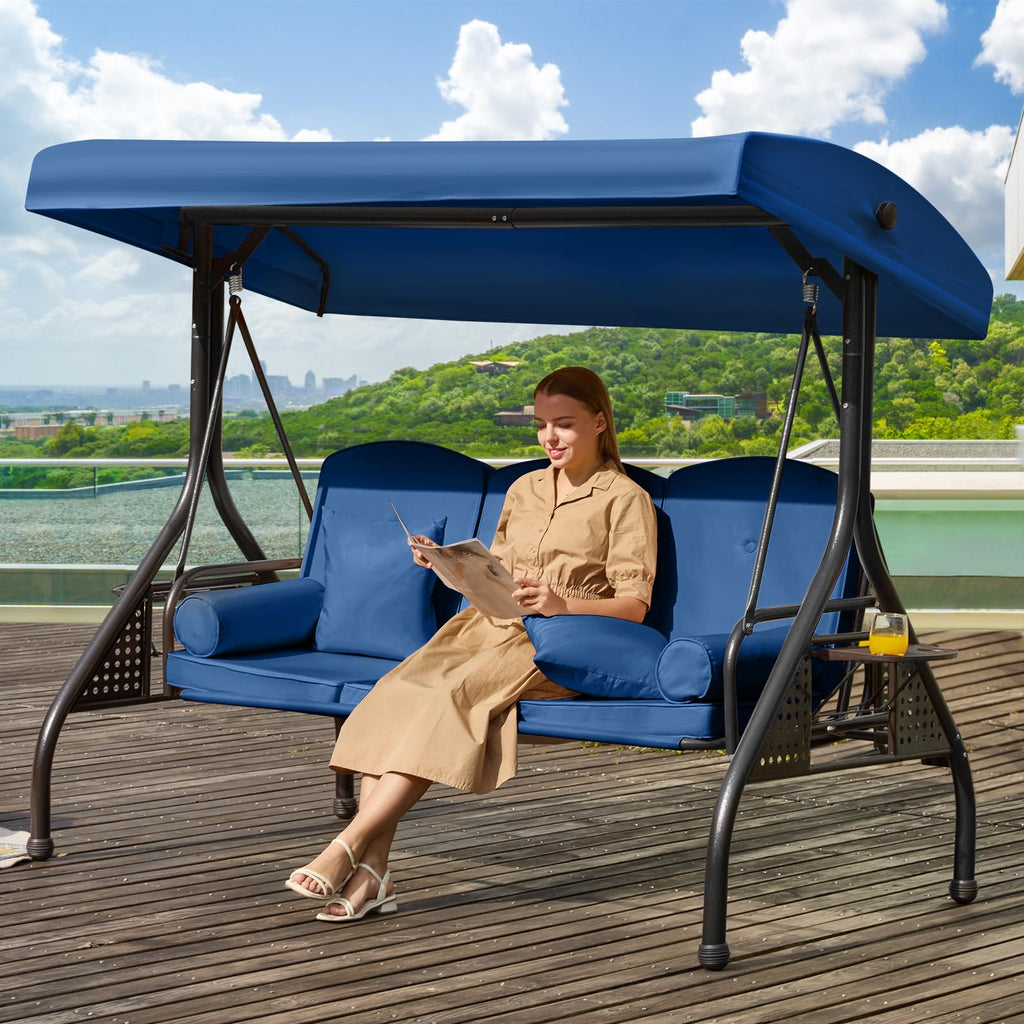 3 in 1 Outdoor Porch Swing with Adjustable Canopy, 3 Seat Outdoor Swing for Adults, Patio Swing Chair with Thickened Cushions,Pillows & Cup Holders for Backyard, Porch, Garden (Wine Red)