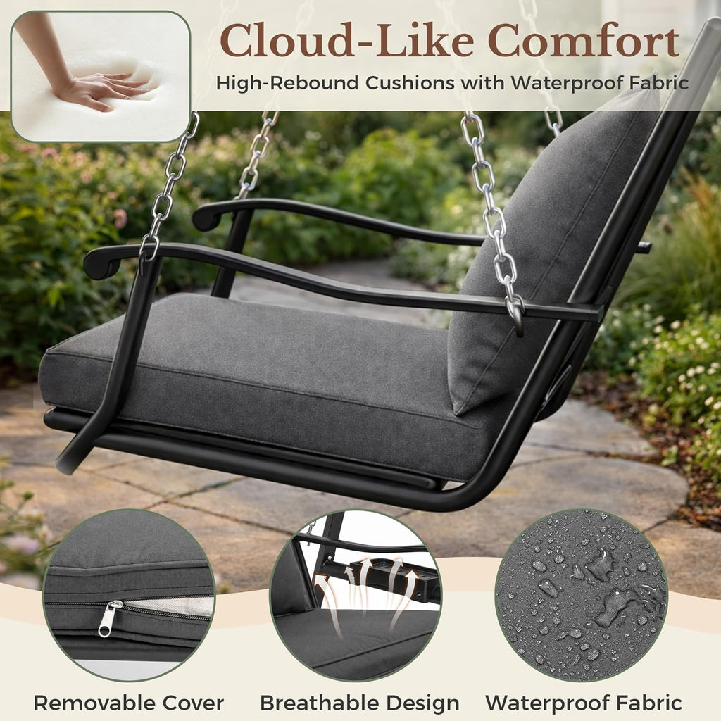 Pamapic Porch Swing with Stand, 350lbs Heavy-Duty Metal Frame Outdoor Swing for Adults with Dual Side Trays, Adjustable Chains, Zippered Removable Cushion for Balcony, Backyard, Garden, Black