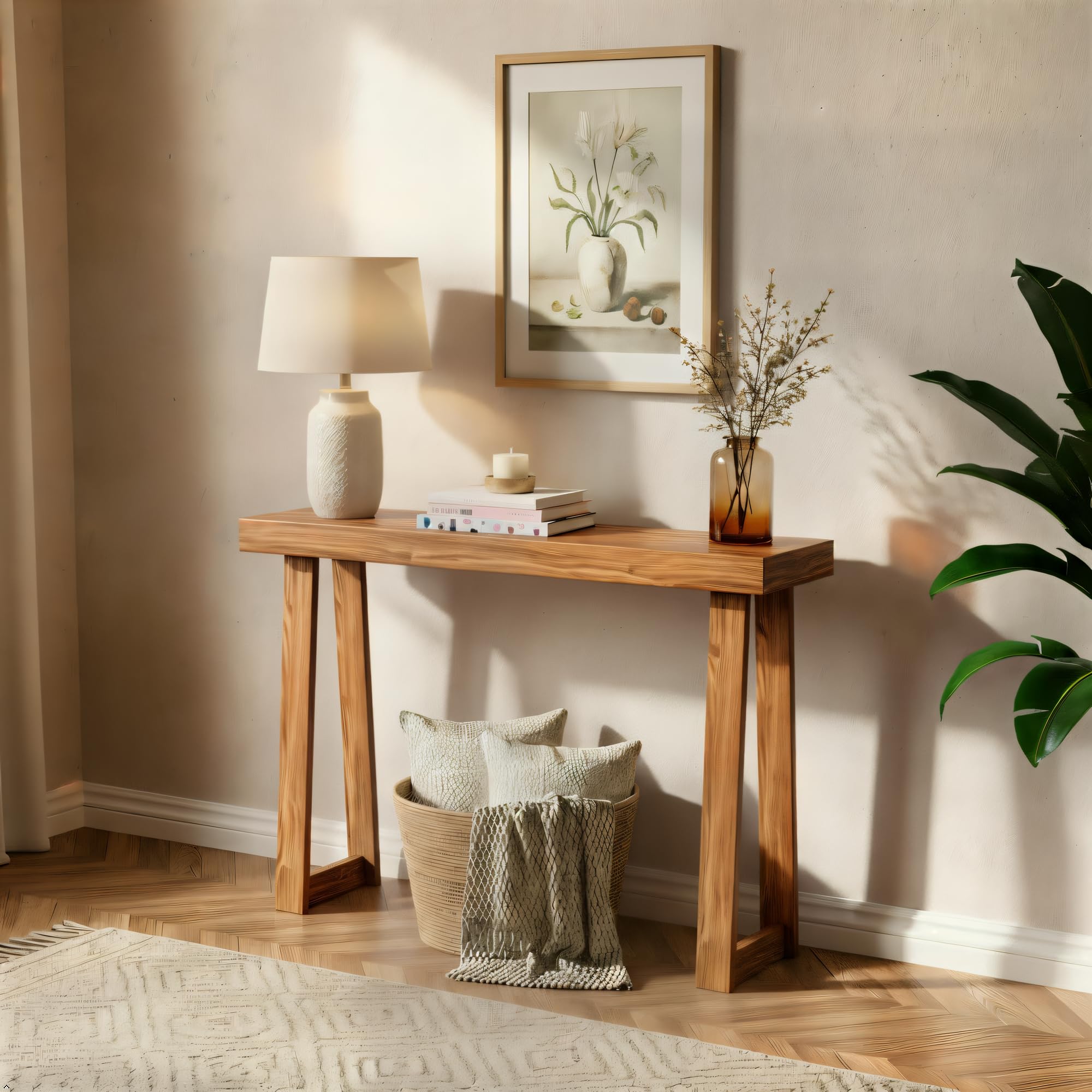 Plank+Beam Solid Wood Console Table, 56 Inch, Sofa Table, Narrow Entryway Table for Hallway, Behind The Couch, Living Room, Foyer, Easy Assembly, Blonde