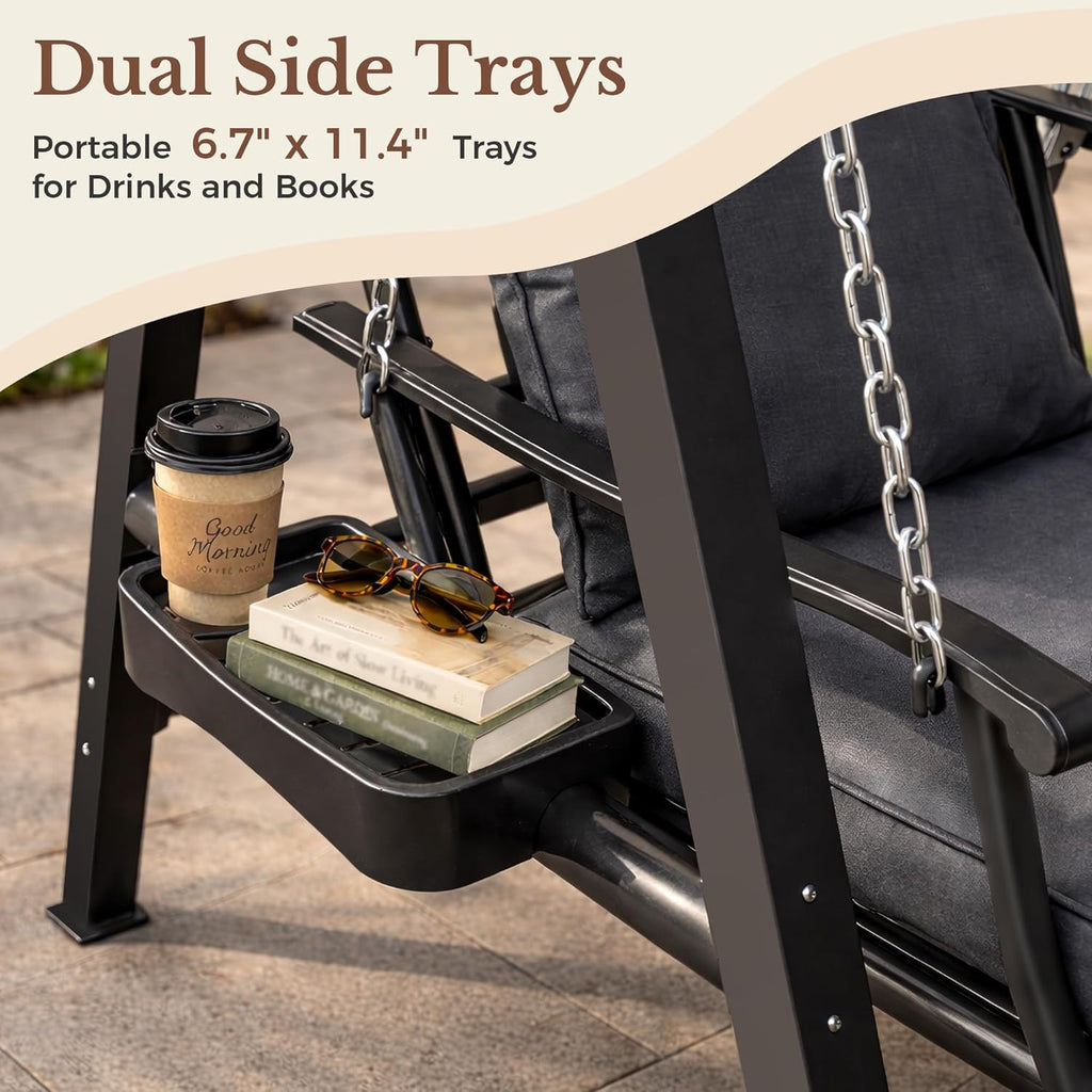 Pamapic Porch Swing with Stand, 350lbs Heavy-Duty Metal Frame Outdoor Swing for Adults with Dual Side Trays, Adjustable Chains, Zippered Removable Cushion for Balcony, Backyard, Garden, Black