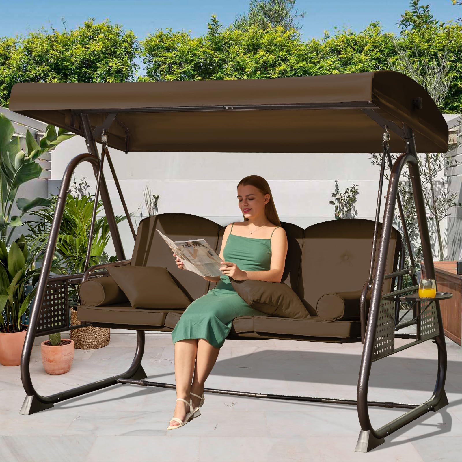 3 in 1 Outdoor Porch Swing with Adjustable Canopy, 3 Seat Outdoor Swing for Adults, Patio Swing Chair with Thickened Cushions,Pillows & Cup Holders for Backyard, Porch, Garden (Wine Red)