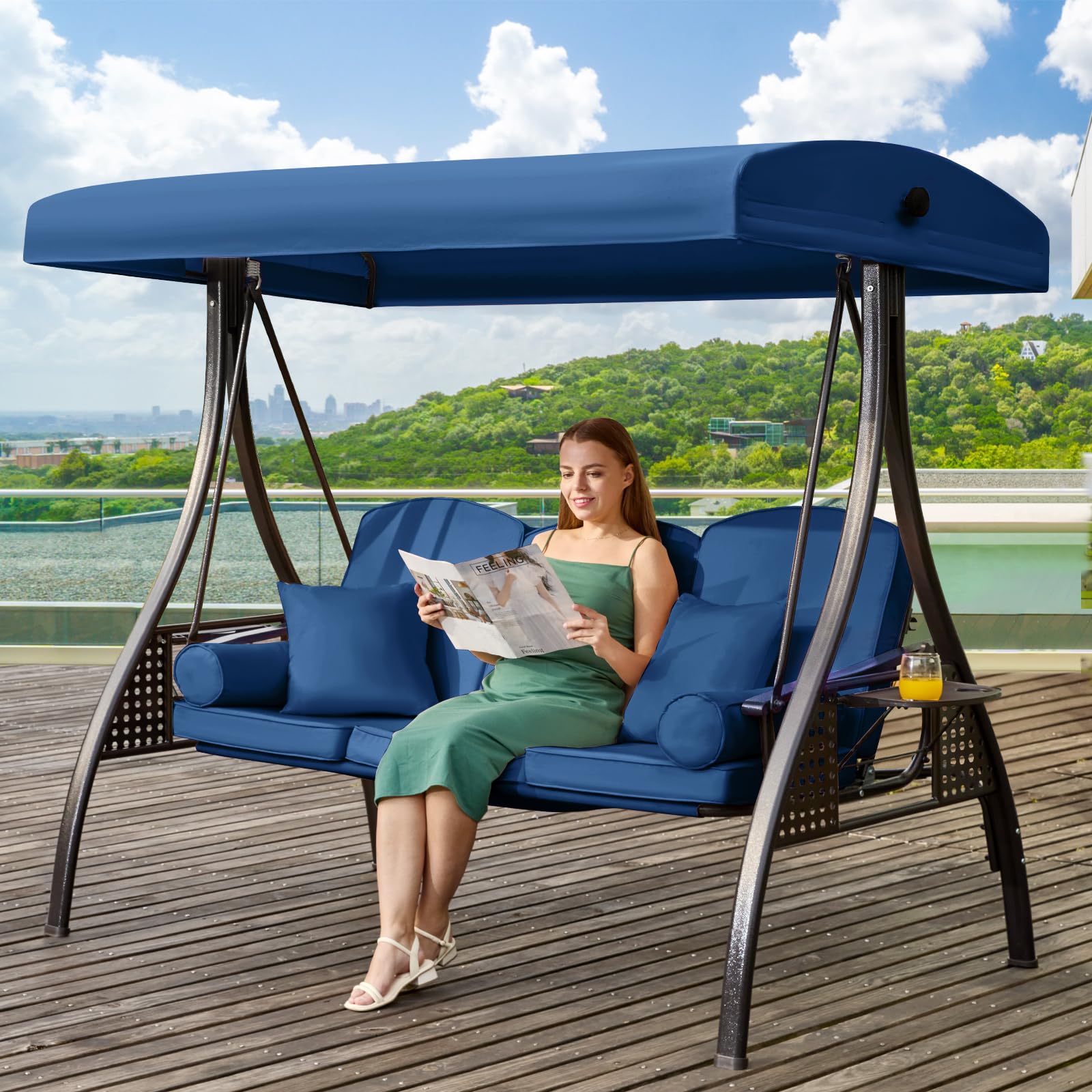 3 in 1 Outdoor Porch Swing with Adjustable Canopy, 3 Seat Outdoor Swing for Adults, Patio Swing Chair with Thickened Cushions,Pillows & Cup Holders for Backyard, Porch, Garden (Wine Red)