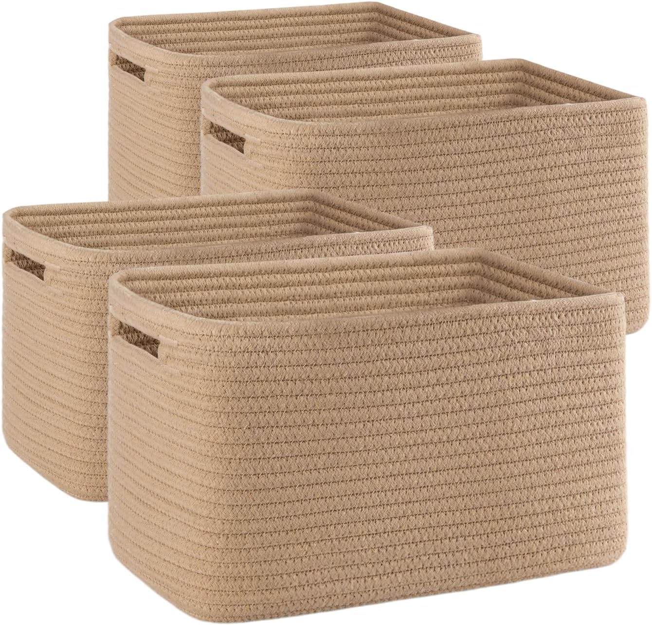 OIAHOMY 4 Pack Storage Baskets for Organizing, Cube Storage Bins for Shelves, Rectangle Storage Baskets With Handles, Woven Baskets for Storage, 12.7''Lx9''Wx7.8''H, Mixed Brown