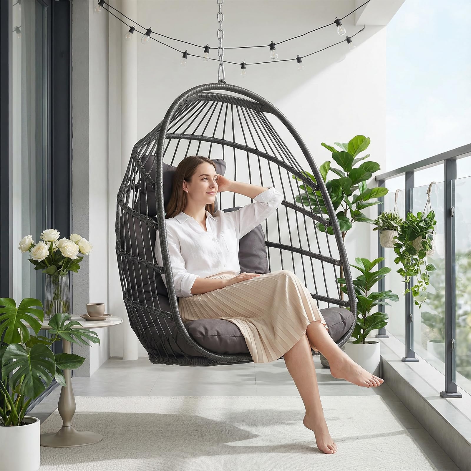 NICESOUL Hanging Egg Chair with Stand Indoor Outdoor, Comfy Patio Rattan Swing Hammock Chairs with Cushion, 350lbs Capacity Egg Shaped Chair for Lawn Backyard Balcony Bedroom, Birthday Gift, Beige