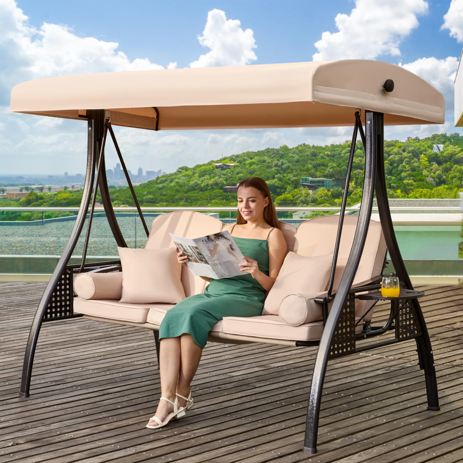 3 in 1 Outdoor Porch Swing with Adjustable Canopy, 3 Seat Outdoor Swing for Adults, Patio Swing Chair with Thickened Cushions,Pillows & Cup Holders for Backyard, Porch, Garden (Wine Red)