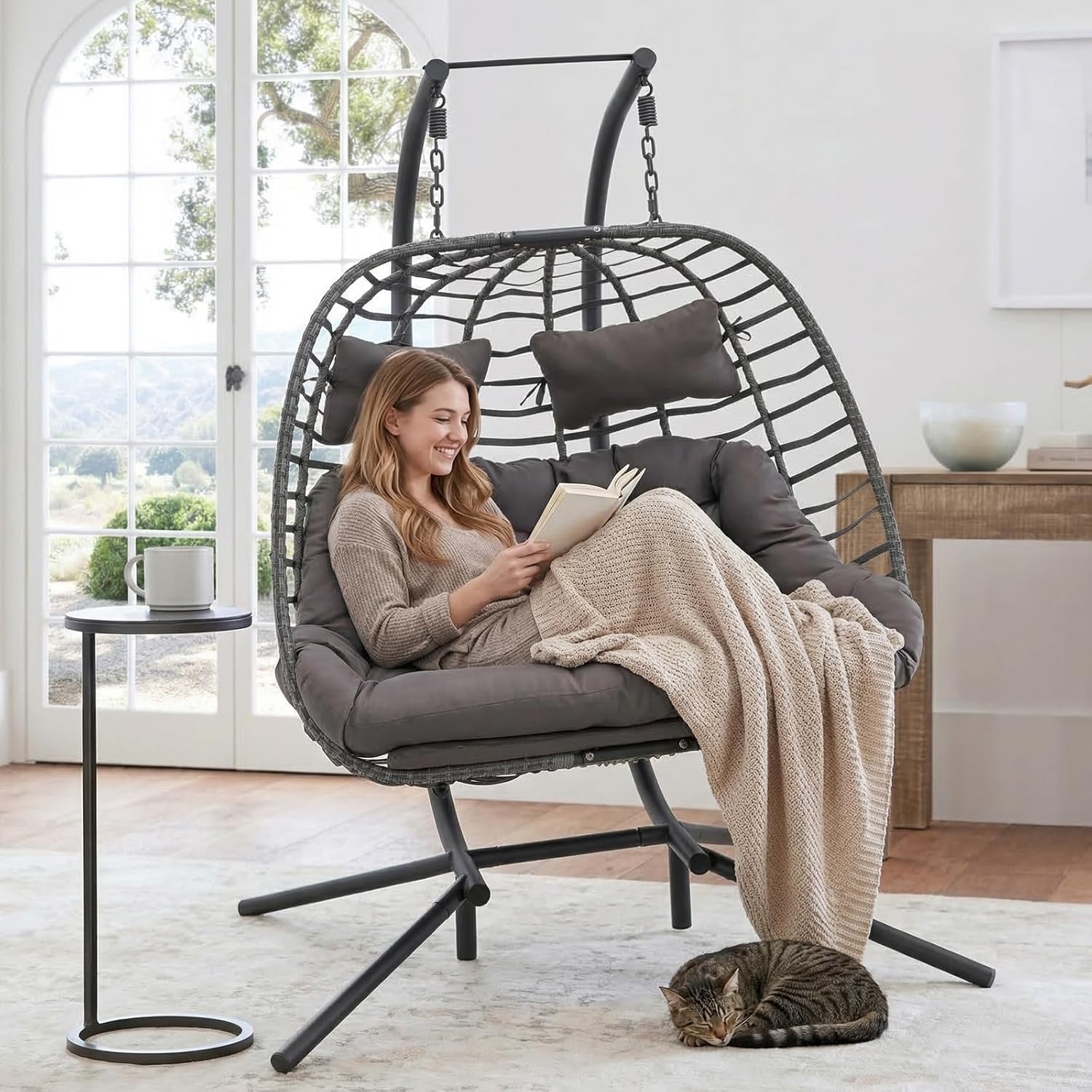 Handmade Wicker Double Hanging Egg Chair for Backyard Porch