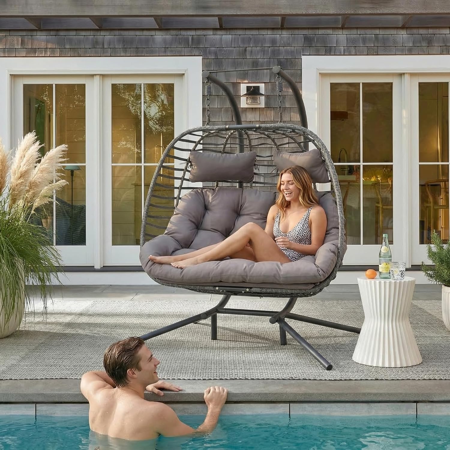 Handmade Wicker Double Hanging Egg Chair for Backyard Porch