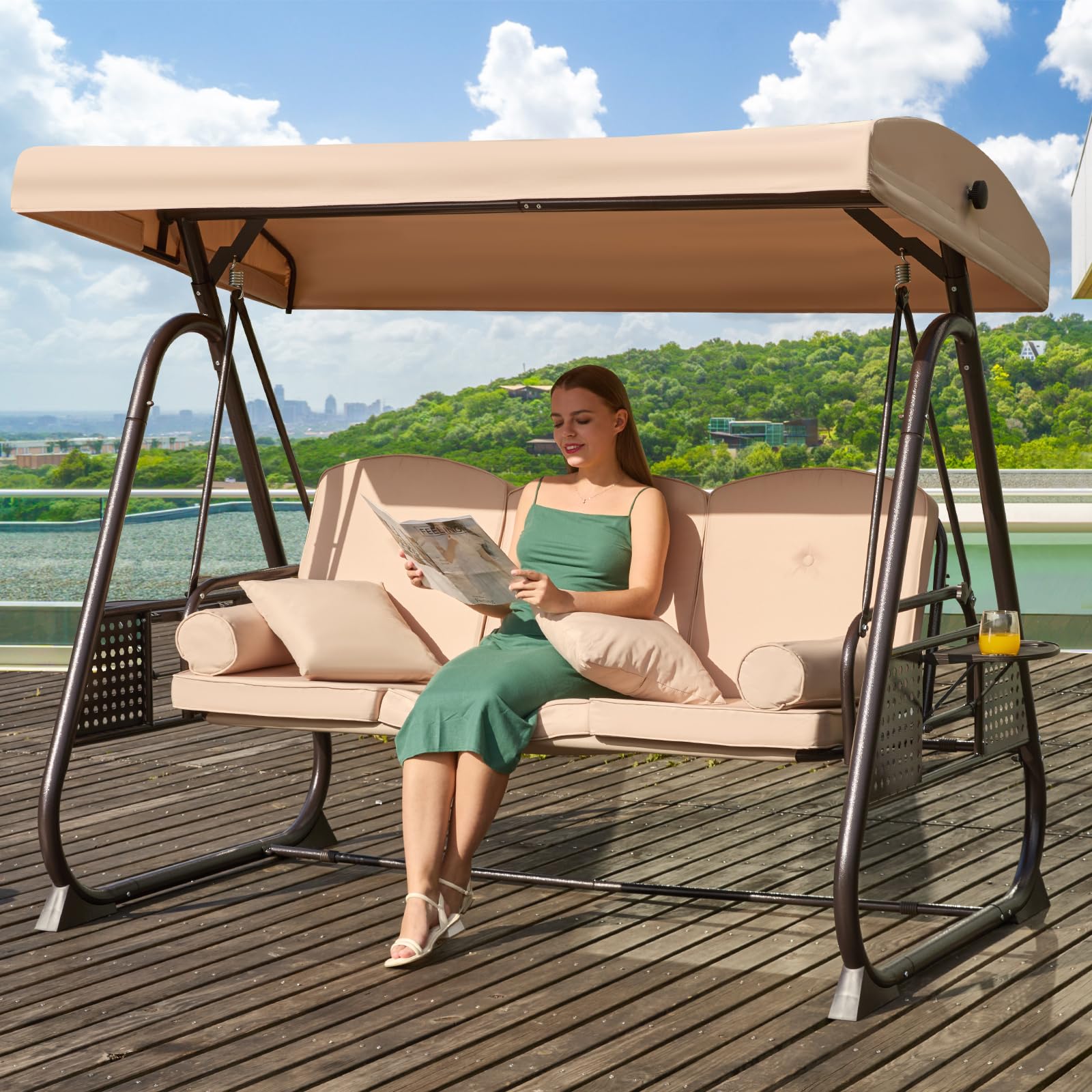3 in 1 Outdoor Porch Swing with Adjustable Canopy, 3 Seat Outdoor Swing for Adults, Patio Swing Chair with Thickened Cushions,Pillows & Cup Holders for Backyard, Porch, Garden (Wine Red)
