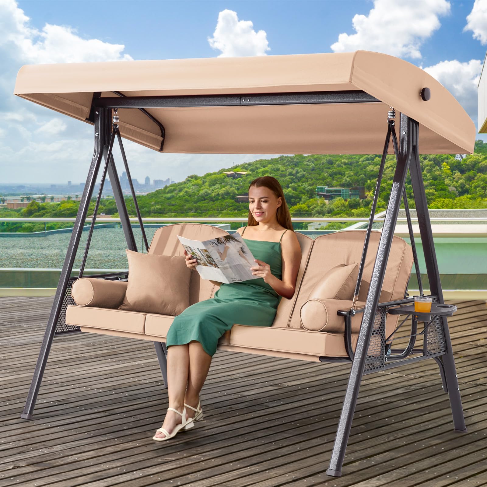3 in 1 Outdoor Porch Swing with Adjustable Canopy, 3 Seat Outdoor Swing for Adults, Patio Swing Chair with Thickened Cushions,Pillows & Cup Holders for Backyard, Porch, Garden (Wine Red)