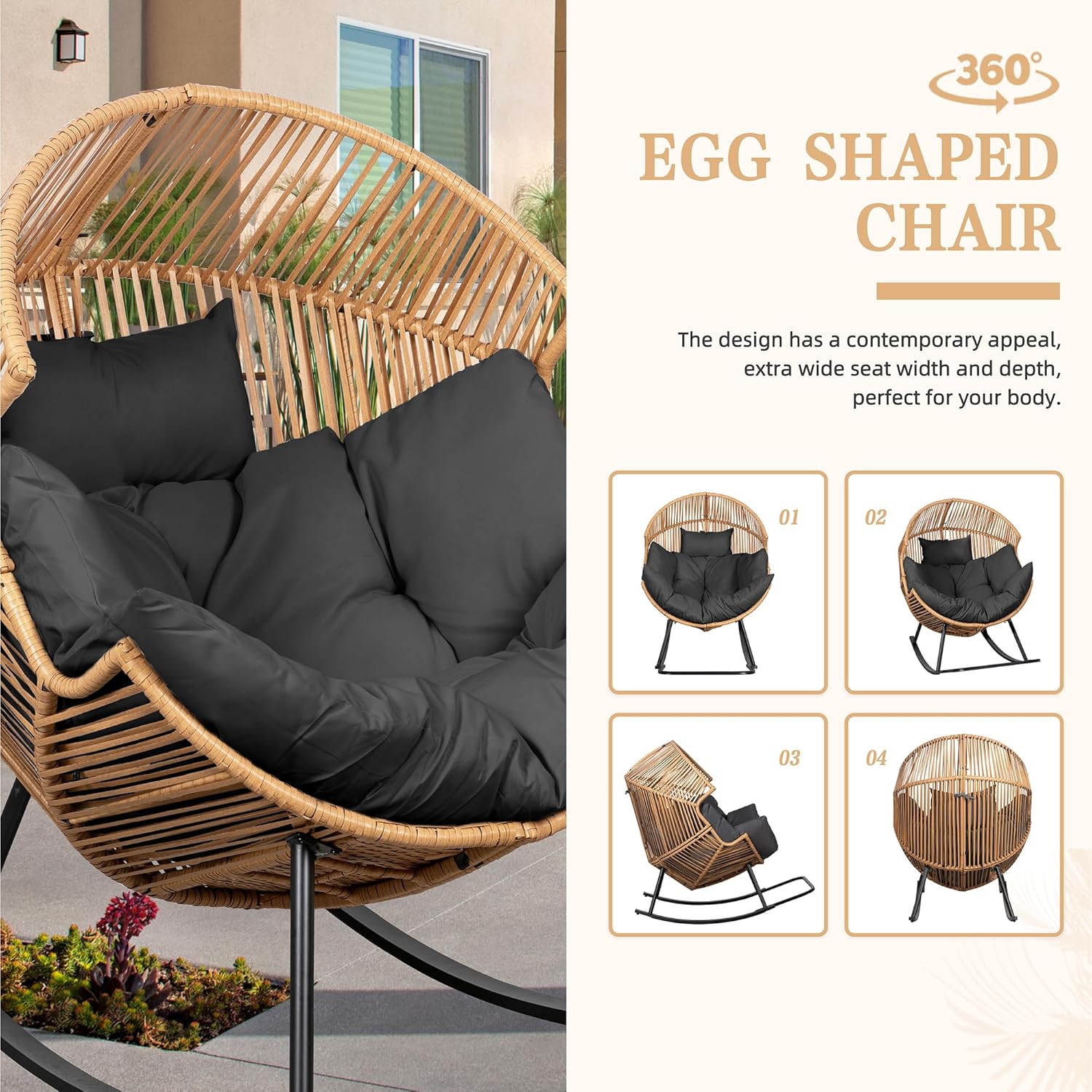 Vongrasig Wicker Egg Chair PE Rattan Rocking Chair with Cushion, Oversized Patio Lounge Rocker Chair for Outdoor, Indoor, Balcony, Backyard, Garden, Black